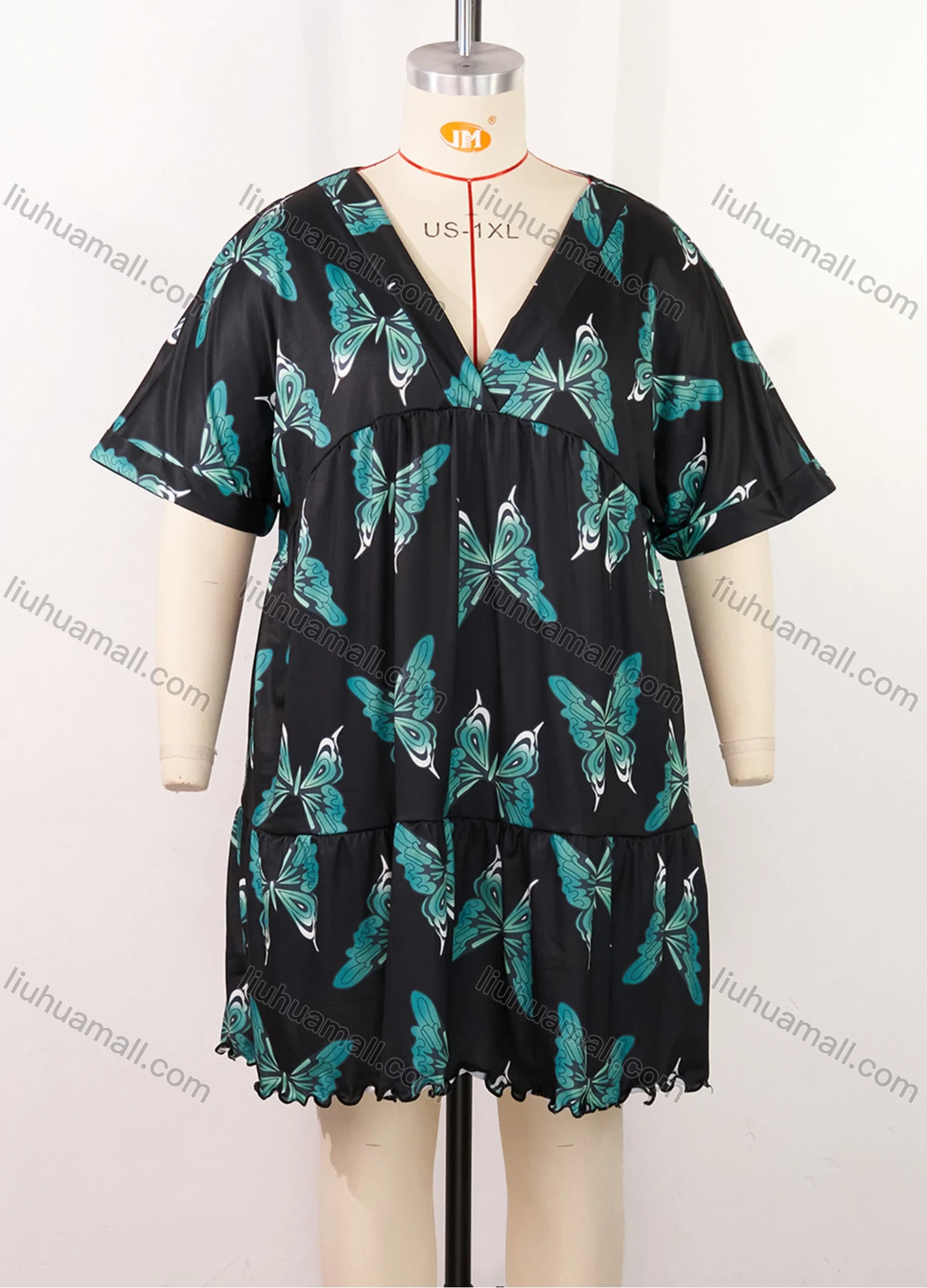 Wholesale Women's Lounge Milk Silk Butterfly V Neck Short Sleeve Ruched Lettuce Trim Ruffle Hem Short Nightdress DM1320-02# - Liuhuamall