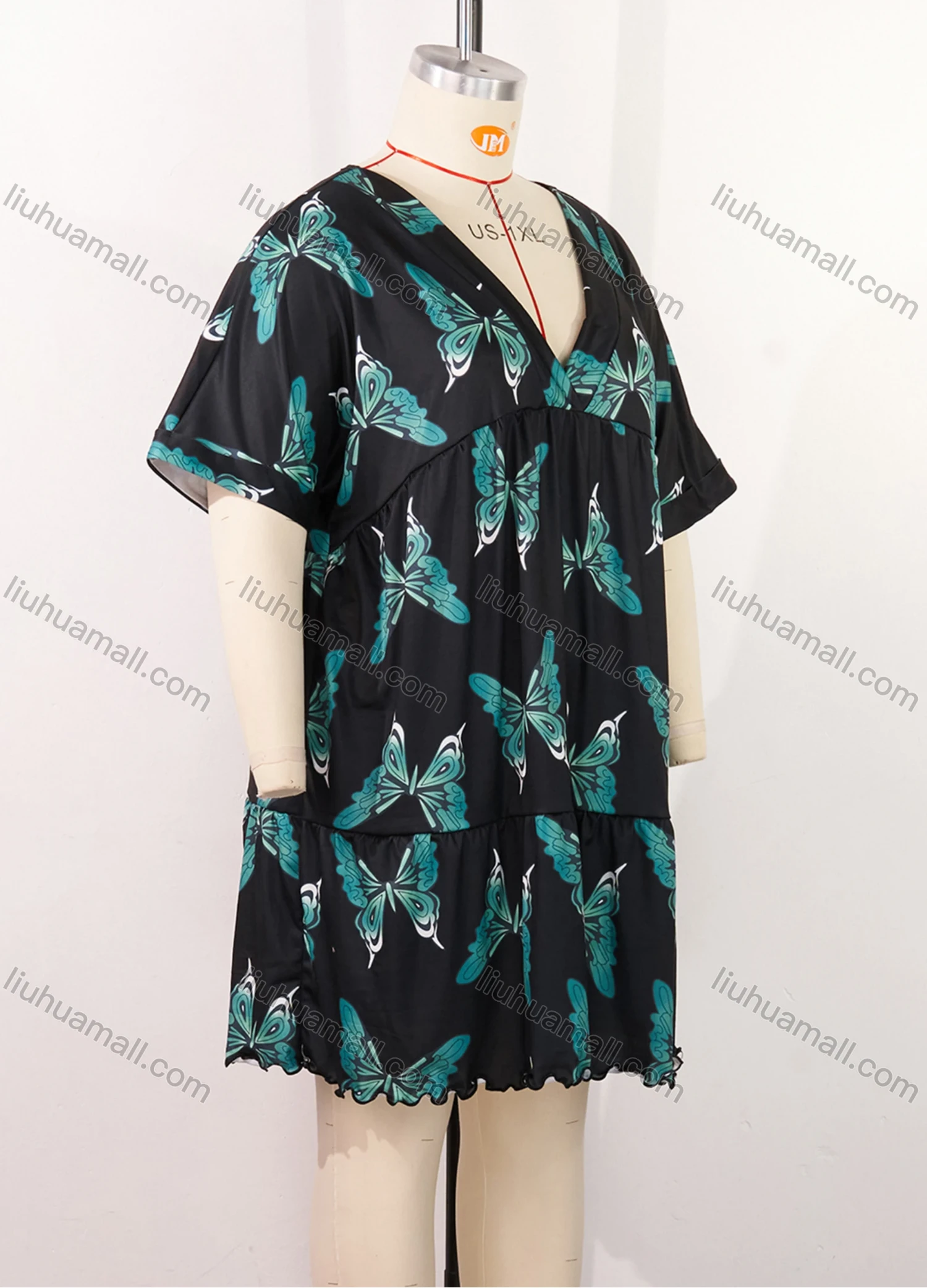 Wholesale Women's Lounge Milk Silk Butterfly V Neck Short Sleeve Ruched Lettuce Trim Ruffle Hem Short Nightdress DM1320-02# - Liuhuamall