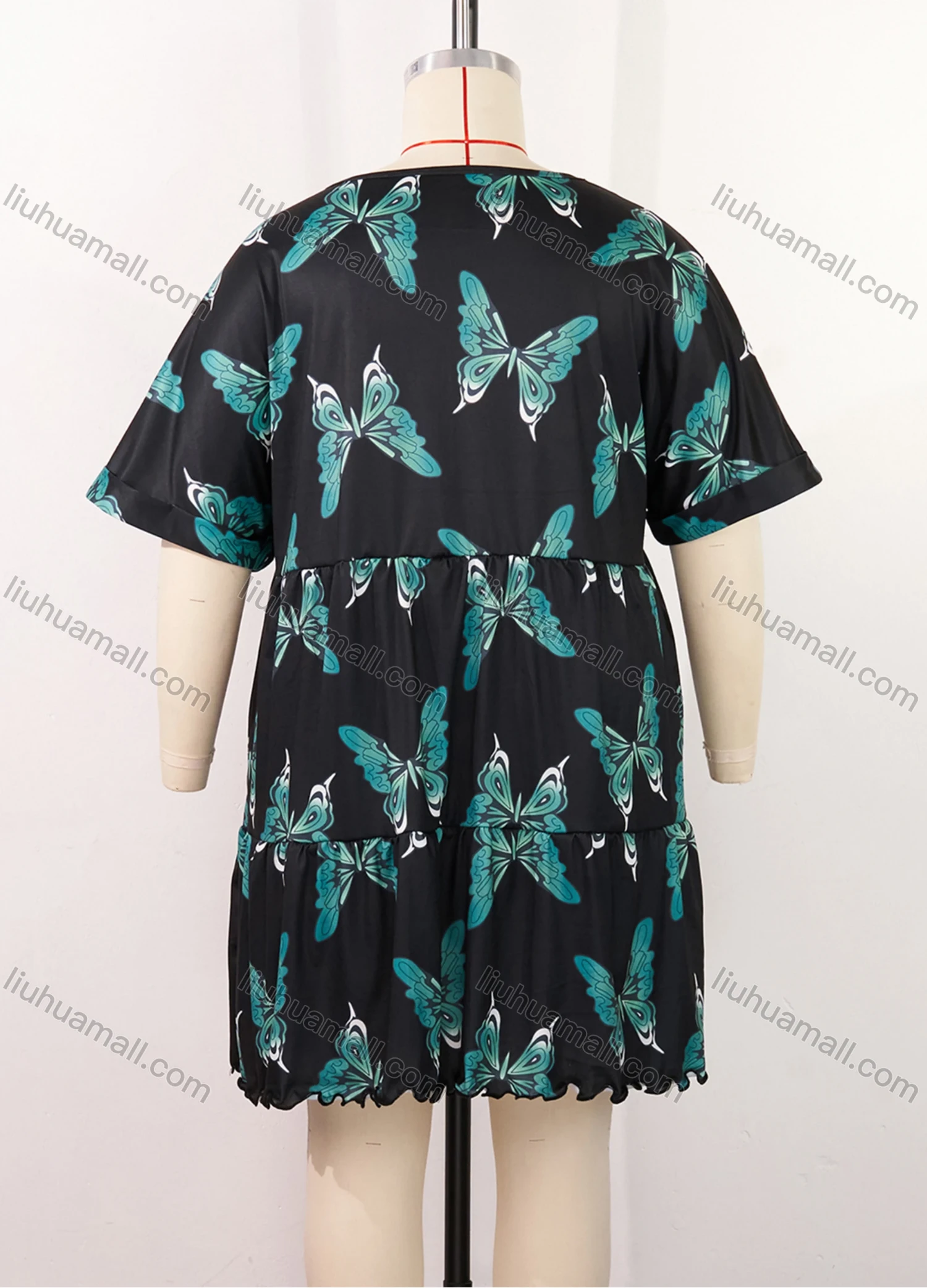 Wholesale Women's Lounge Milk Silk Butterfly V Neck Short Sleeve Ruched Lettuce Trim Ruffle Hem Short Nightdress DM1320-02# - Liuhuamall