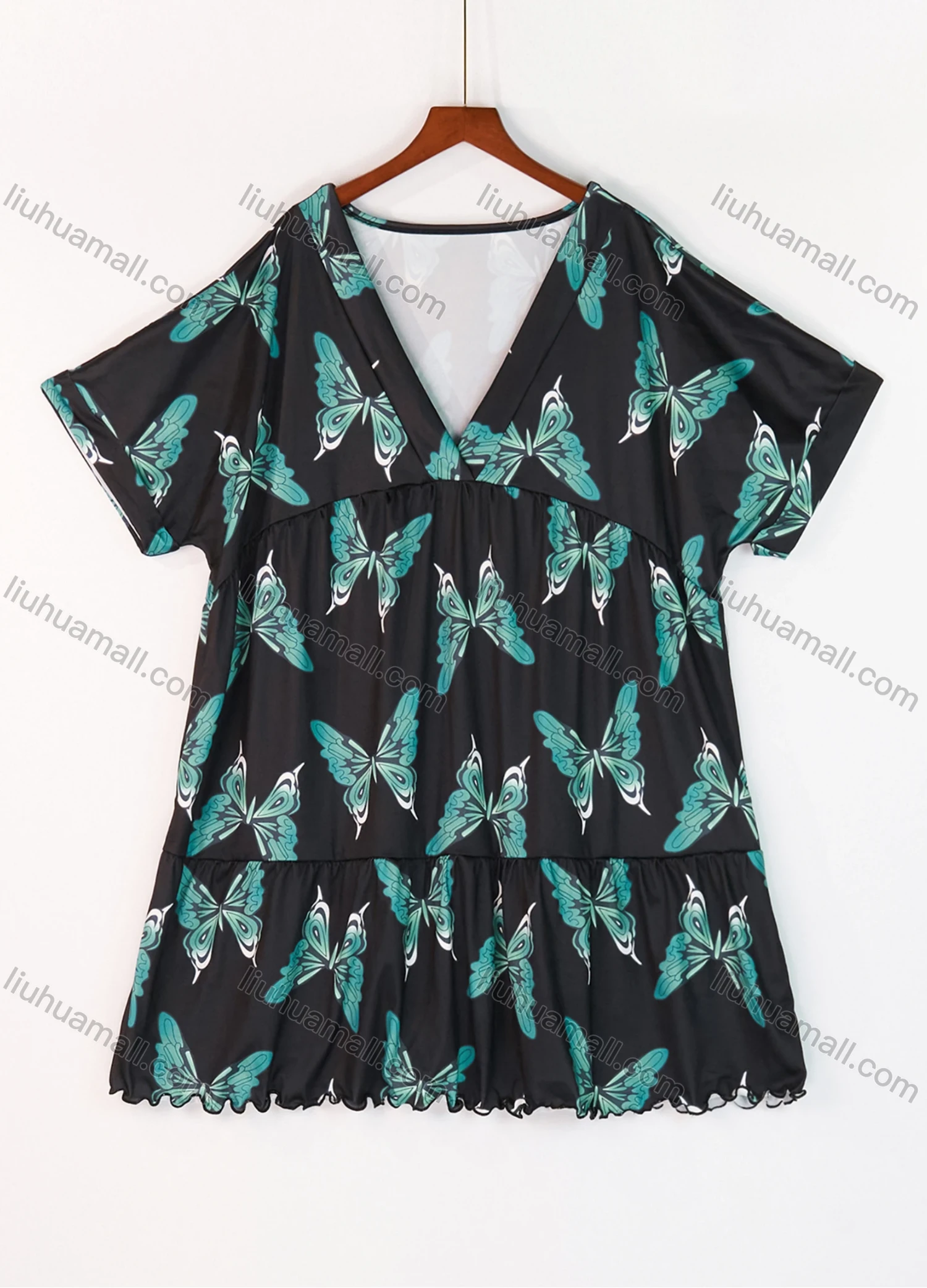 Wholesale Women's Lounge Milk Silk Butterfly V Neck Short Sleeve Ruched Lettuce Trim Ruffle Hem Short Nightdress DM1320-02# - Liuhuamall