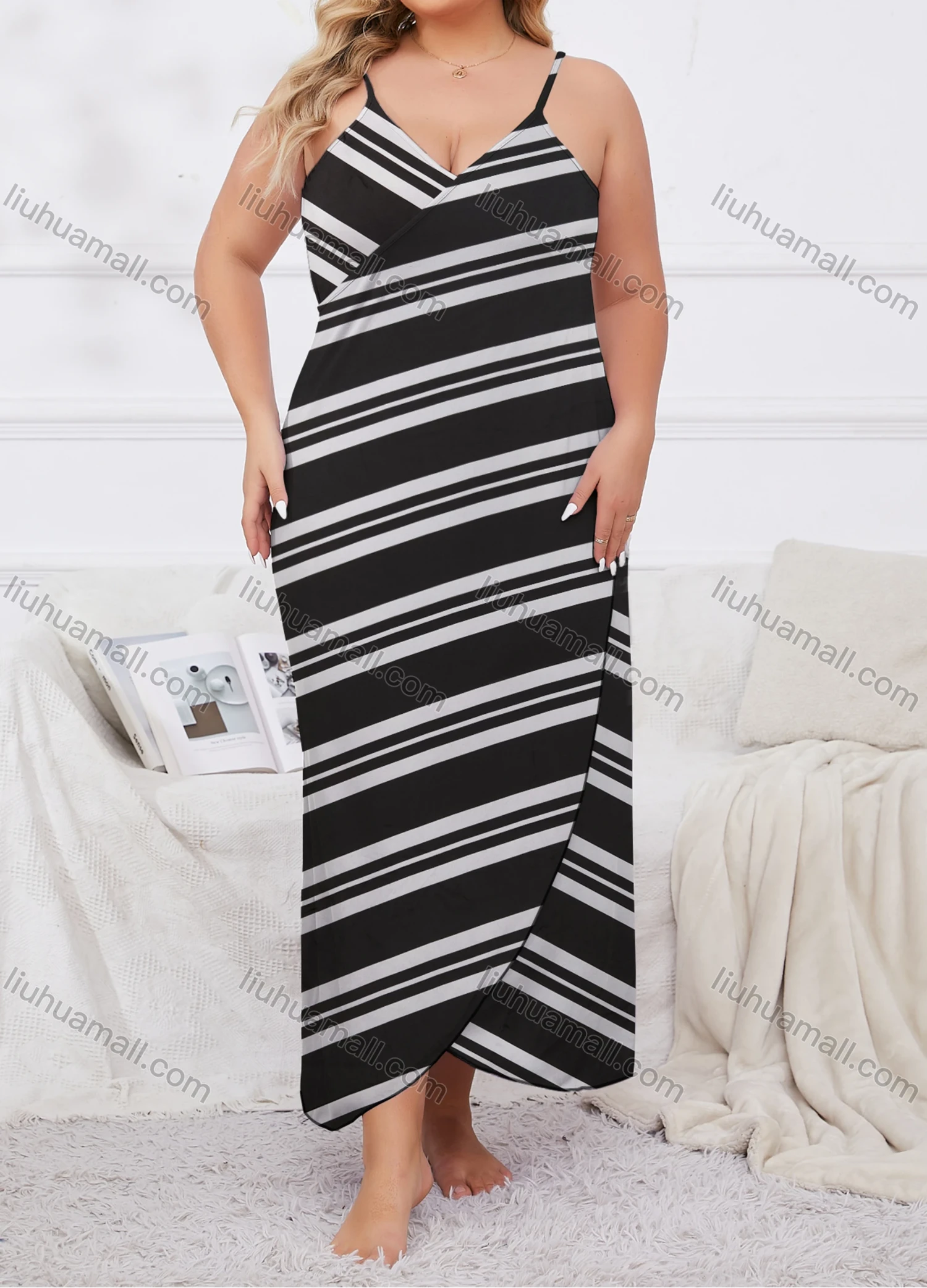Wholesale Women's Lounge Milk Silk Striped Wrap Open Back Cami Maxi Nightdress DM1112-02# - Liuhuamall