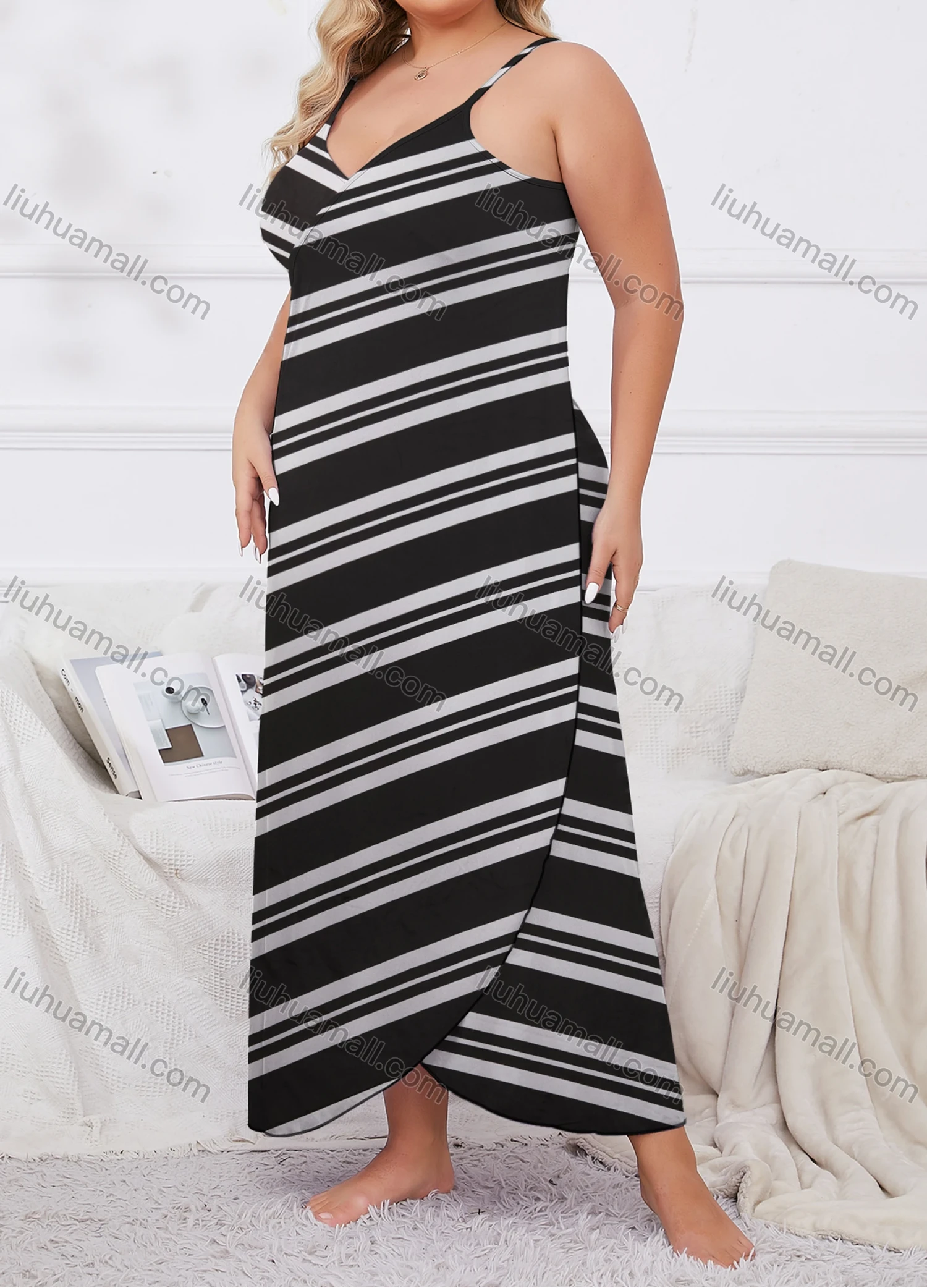 Wholesale Women's Lounge Milk Silk Striped Wrap Open Back Cami Maxi Nightdress DM1112-02# - Liuhuamall
