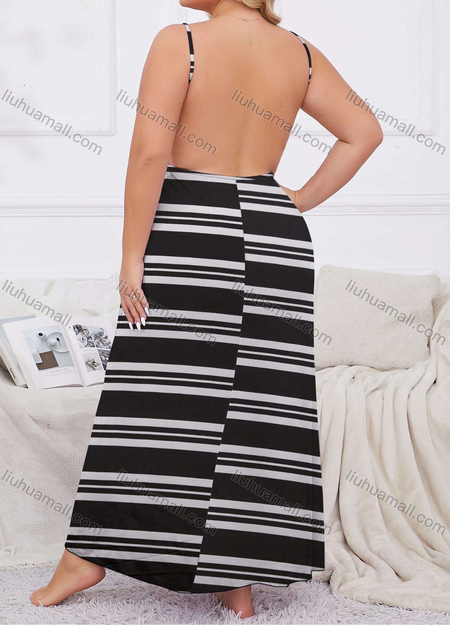 Wholesale Women's Lounge Milk Silk Striped Wrap Open Back Cami Maxi Nightdress DM1112-02# - Liuhuamall
