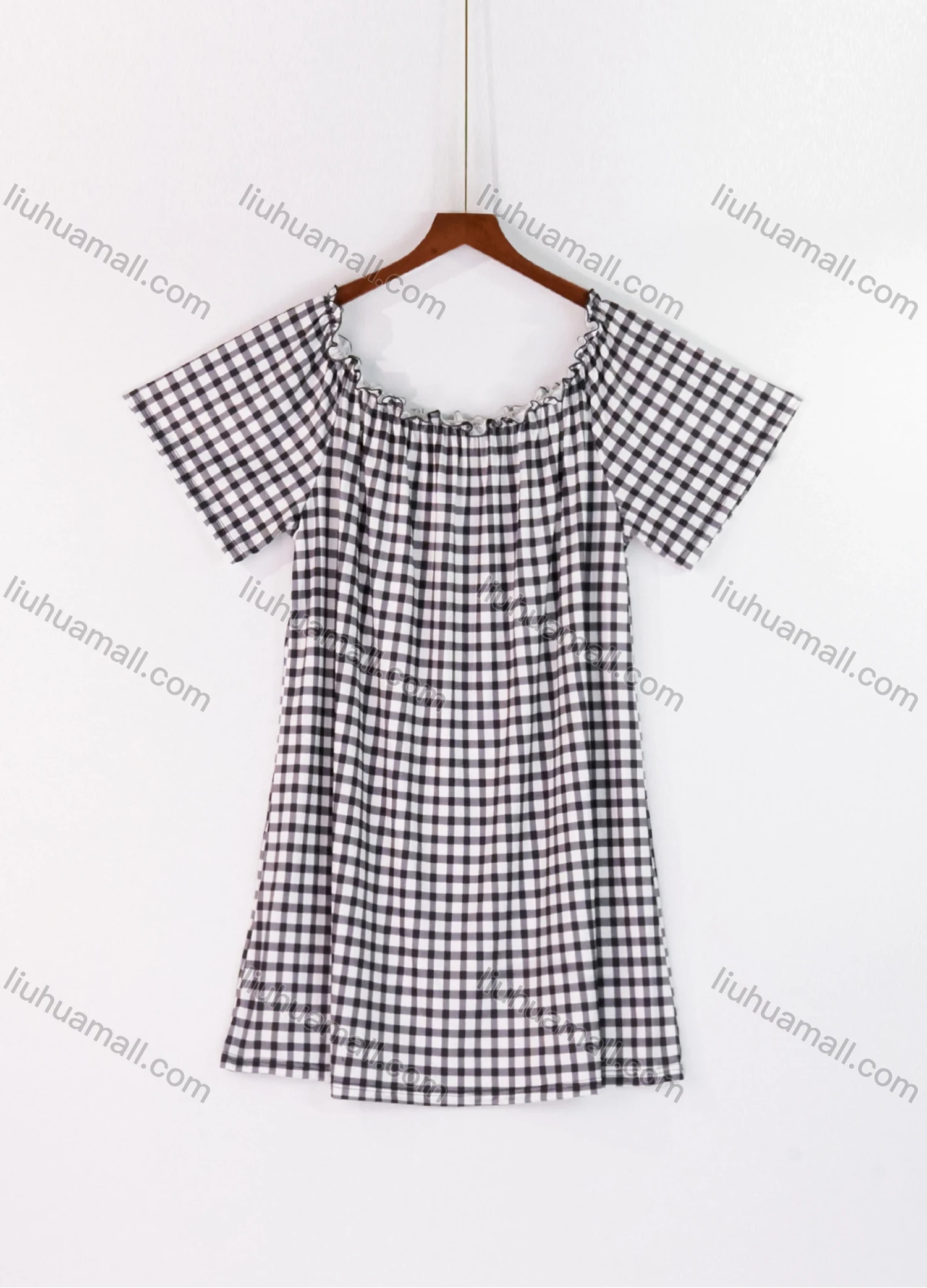 Wholesale Women's Lounge Plaid Print Milk Silk Off Shoulder Ruched Ruffle Trim Short Nightdress DM1321-02# - Liuhuamall