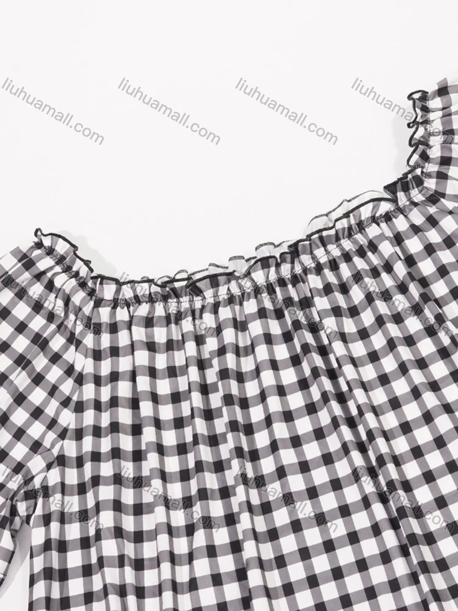 Wholesale Women's Lounge Plaid Print Milk Silk Off Shoulder Ruched Ruffle Trim Short Nightdress DM1321-02# - Liuhuamall