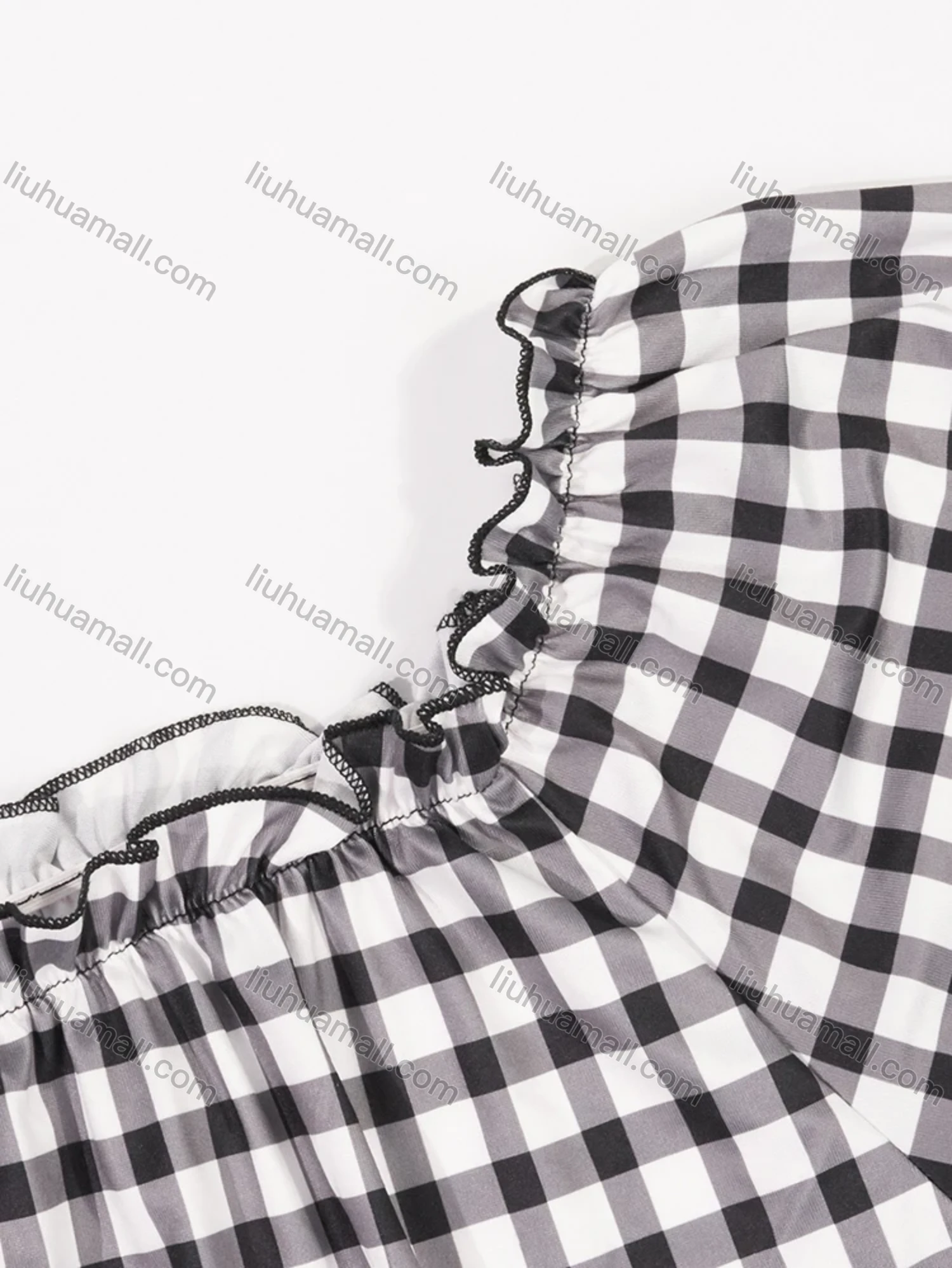 Wholesale Women's Lounge Plaid Print Milk Silk Off Shoulder Ruched Ruffle Trim Short Nightdress DM1321-02# - Liuhuamall