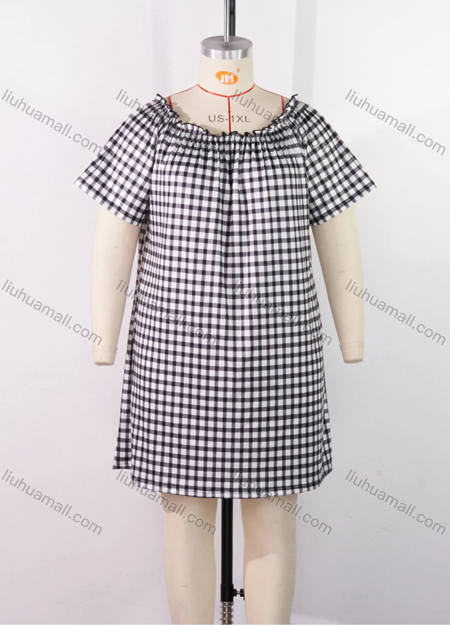 Wholesale Women's Lounge Plaid Print Milk Silk Off Shoulder Ruched Ruffle Trim Short Nightdress DM1321-02# - Liuhuamall