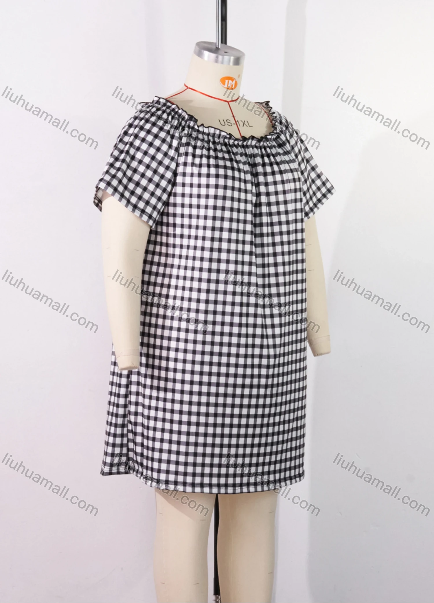 Wholesale Women's Lounge Plaid Print Milk Silk Off Shoulder Ruched Ruffle Trim Short Nightdress DM1321-02# - Liuhuamall