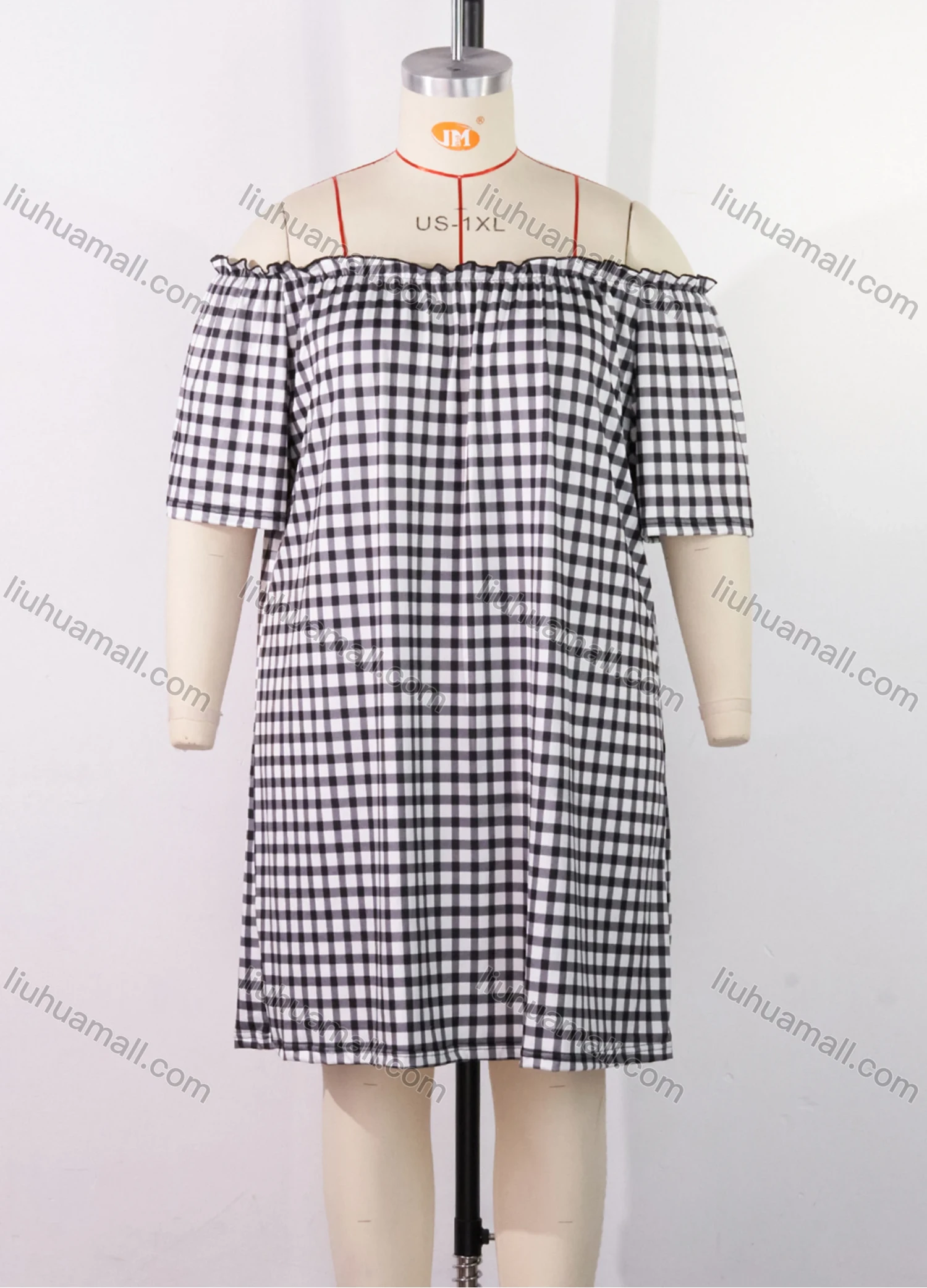 Wholesale Women's Lounge Plaid Print Milk Silk Off Shoulder Ruched Ruffle Trim Short Nightdress DM1321-02# - Liuhuamall