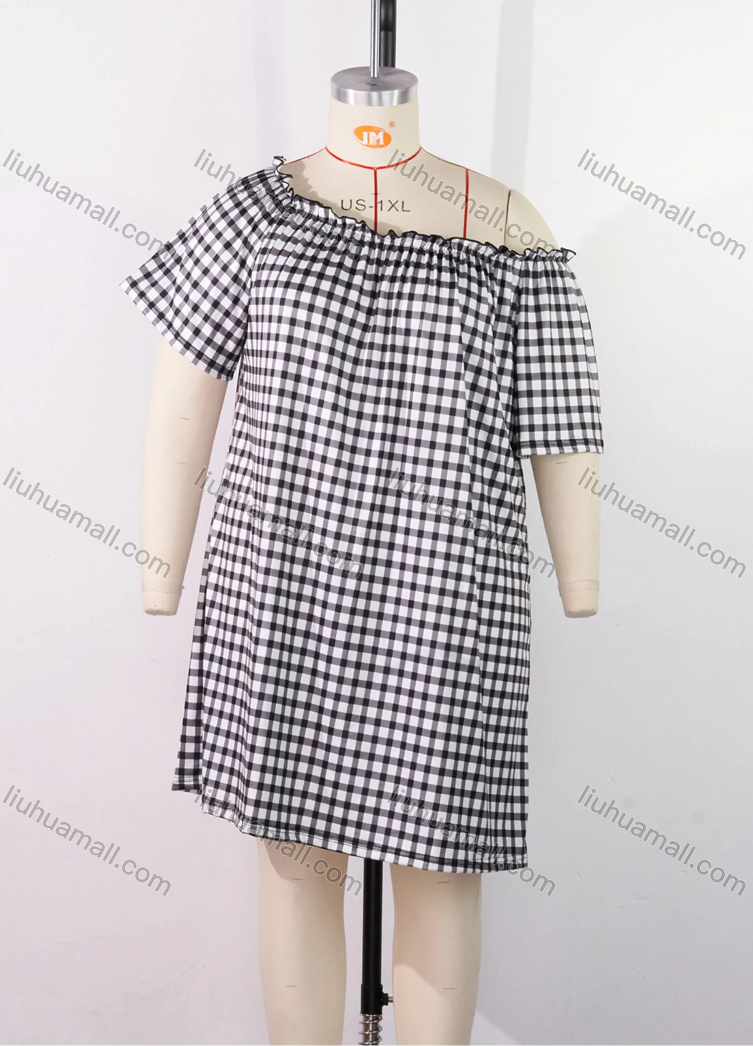 Wholesale Women's Lounge Plaid Print Milk Silk Off Shoulder Ruched Ruffle Trim Short Nightdress DM1321-02# - Liuhuamall