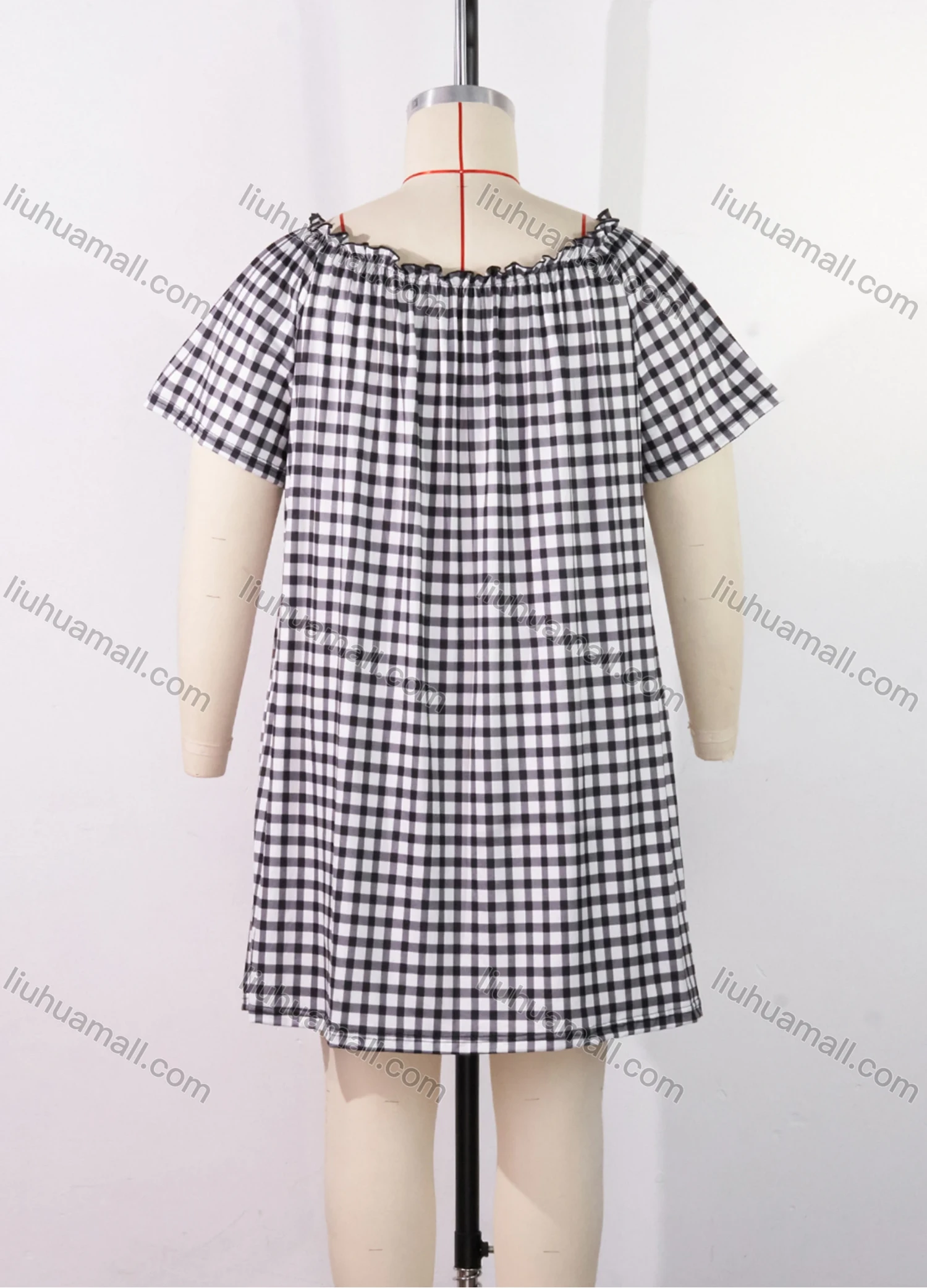 Wholesale Women's Lounge Plaid Print Milk Silk Off Shoulder Ruched Ruffle Trim Short Nightdress DM1321-02# - Liuhuamall