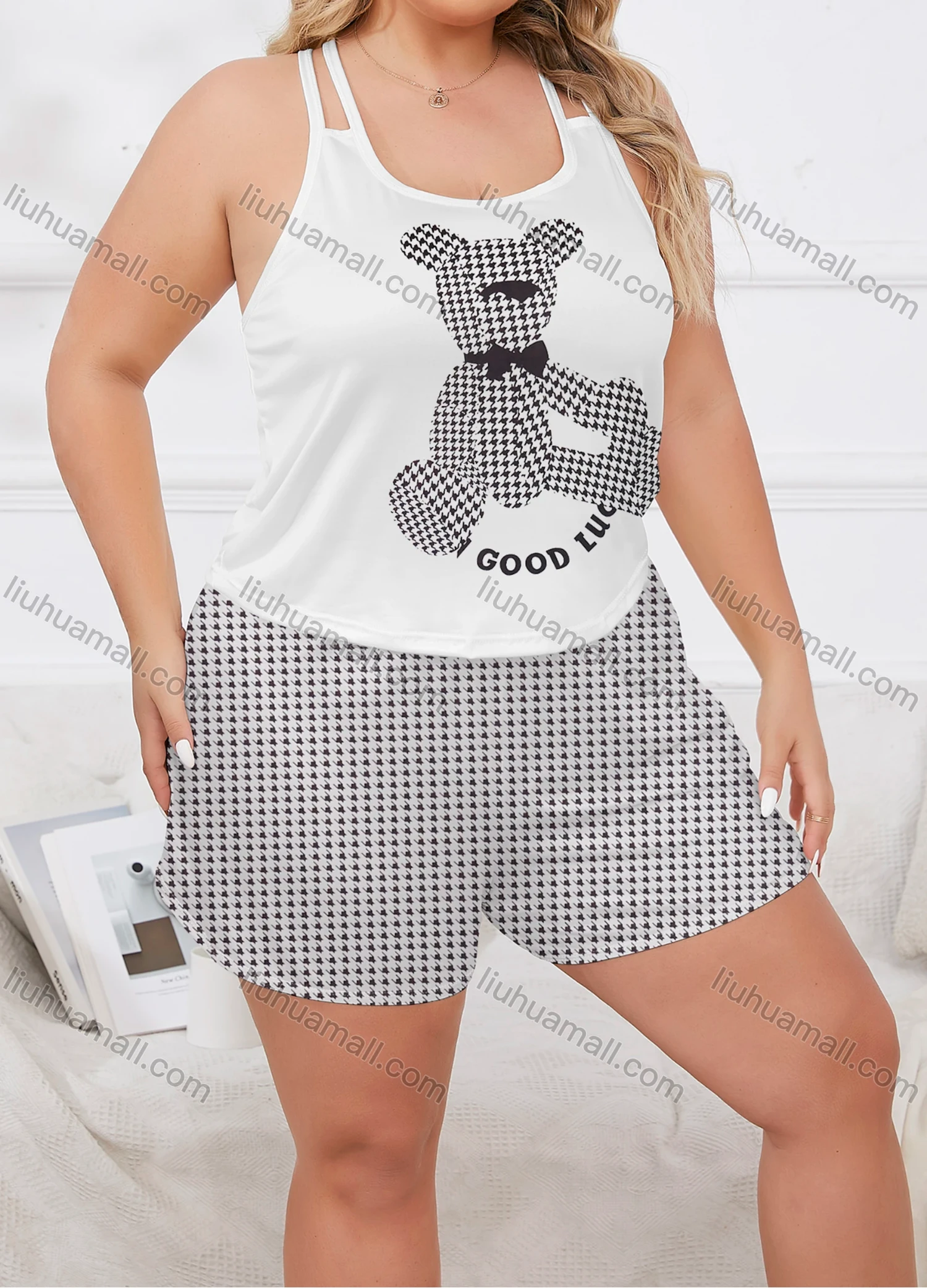 Wholesale Women's Lounge Milk Silk Houndstooth Bear Letter Print Cami Top & Shorts Pajamas Sets DM2207-07# - Liuhuamall