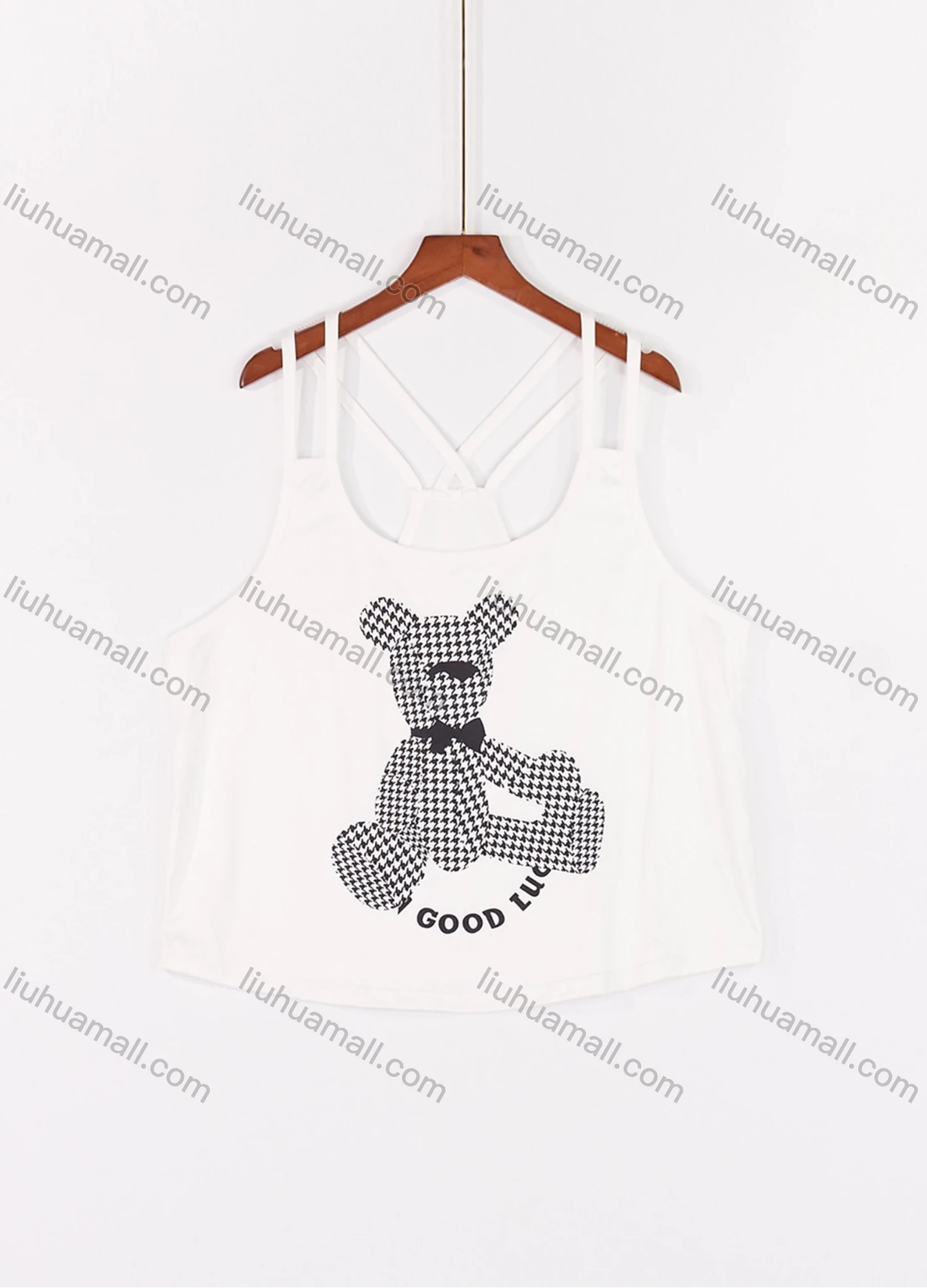 Wholesale Women's Lounge Milk Silk Houndstooth Bear Letter Print Cami Top & Shorts Pajamas Sets DM2207-07# - Liuhuamall