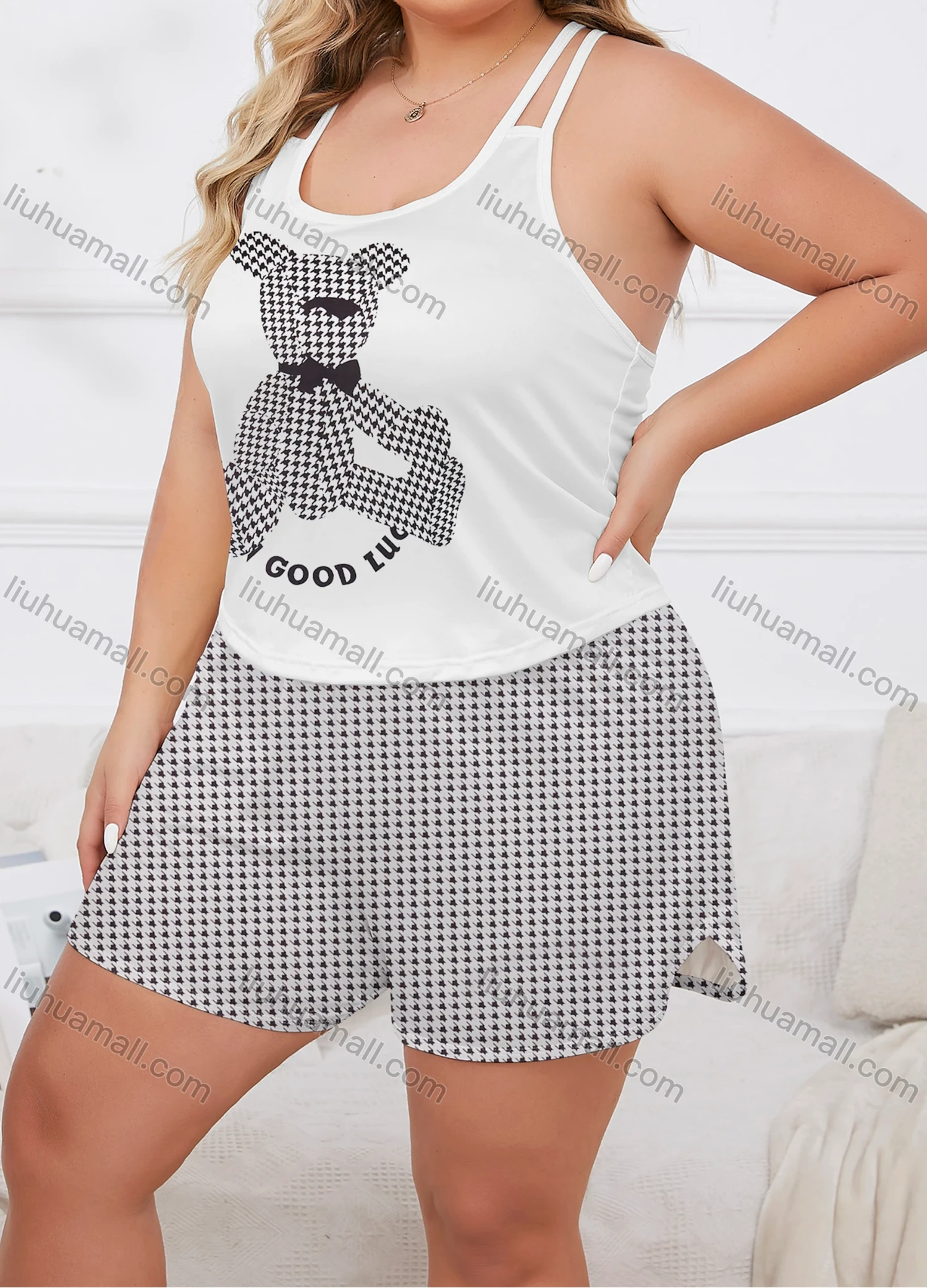 Wholesale Women's Lounge Milk Silk Houndstooth Bear Letter Print Cami Top & Shorts Pajamas Sets DM2207-07# - Liuhuamall