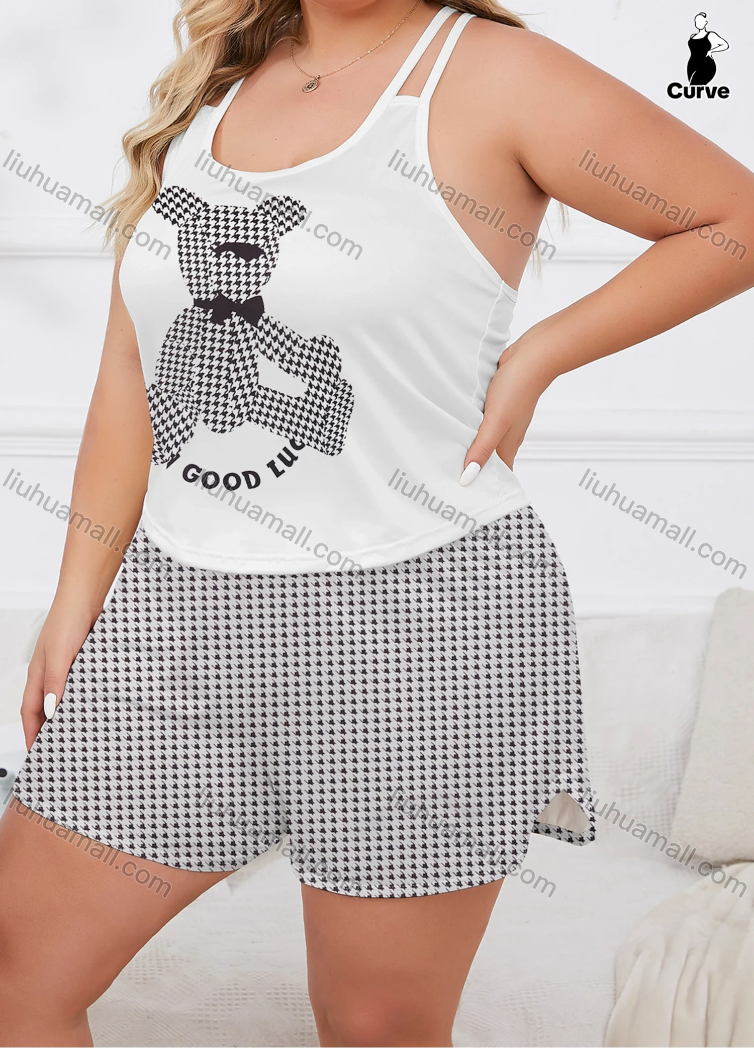Wholesale Women's Lounge Milk Silk Houndstooth Bear Letter Print Cami Top & Shorts Pajamas Sets DM2207-07# - Liuhuamall