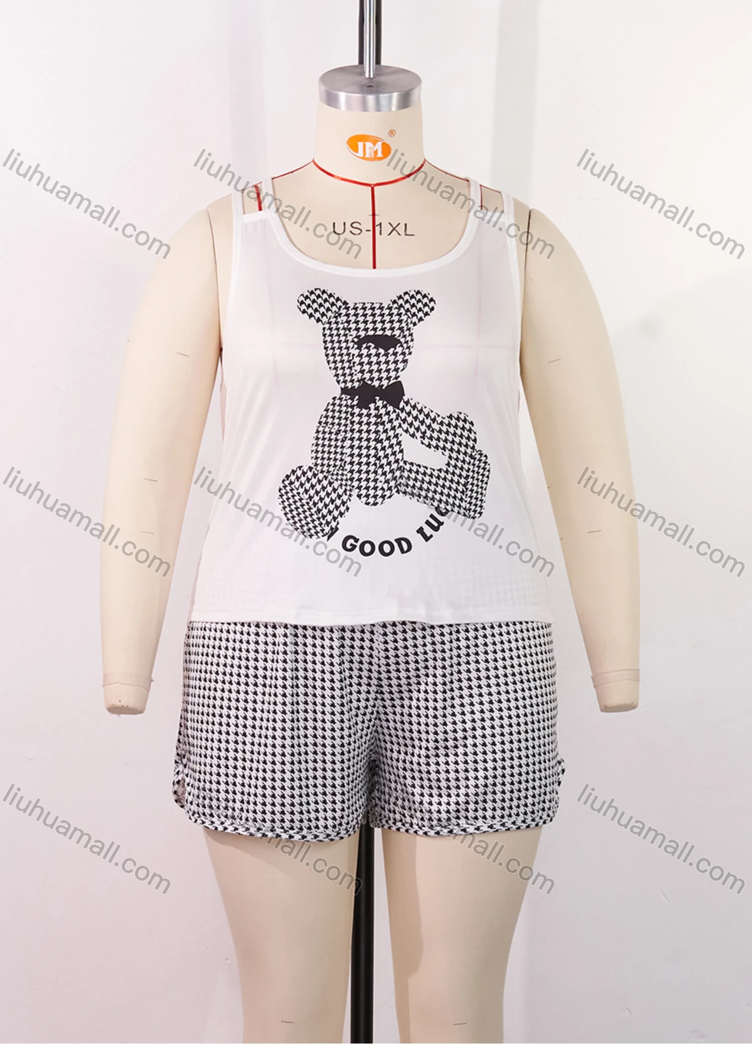 Wholesale Women's Lounge Milk Silk Houndstooth Bear Letter Print Cami Top & Shorts Pajamas Sets DM2207-07# - Liuhuamall