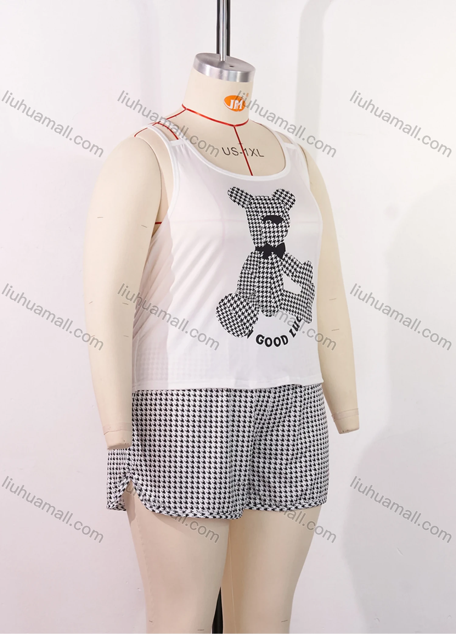 Wholesale Women's Lounge Milk Silk Houndstooth Bear Letter Print Cami Top & Shorts Pajamas Sets DM2207-07# - Liuhuamall