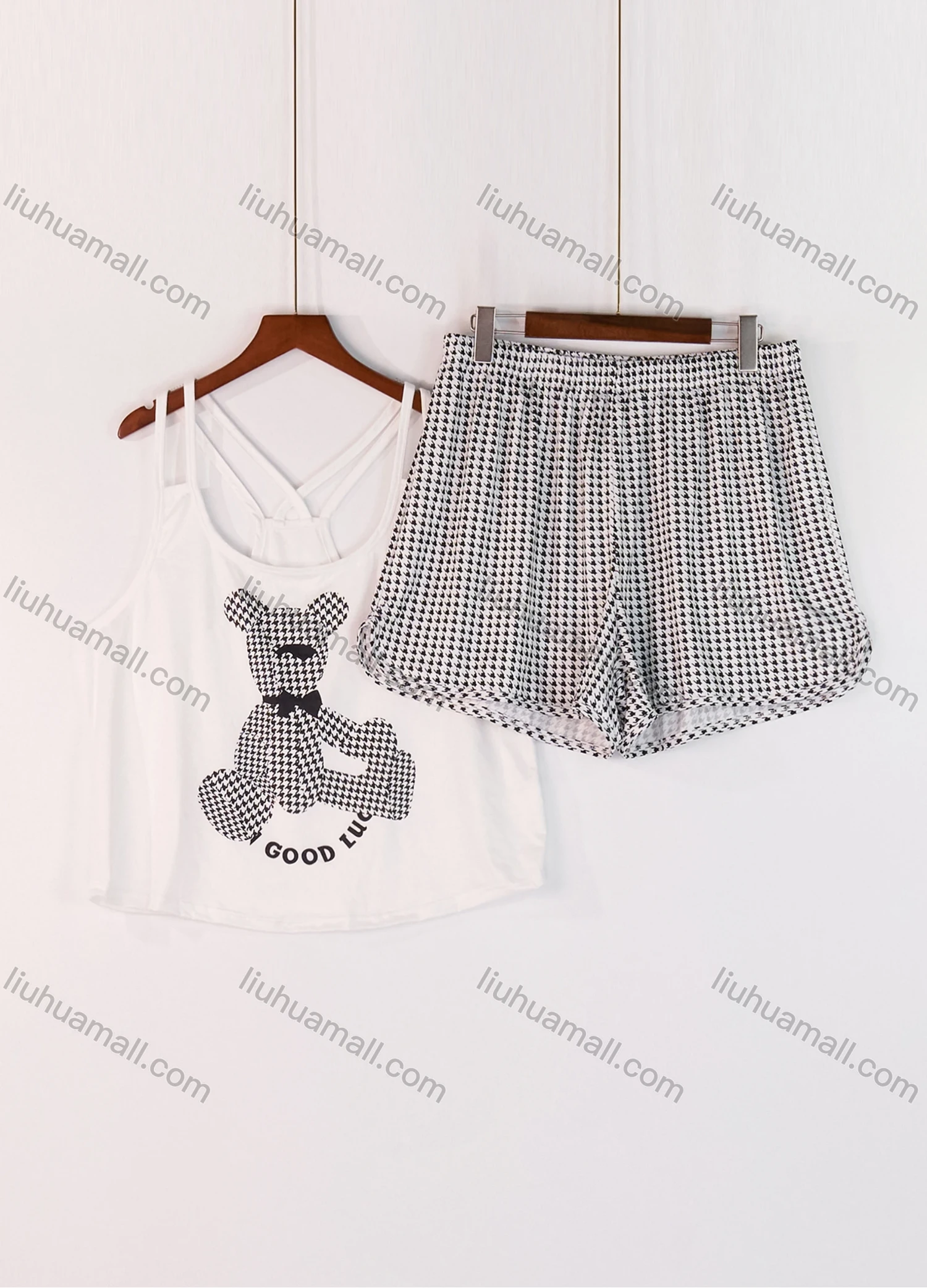Wholesale Women's Lounge Milk Silk Houndstooth Bear Letter Print Cami Top & Shorts Pajamas Sets DM2207-07# - Liuhuamall