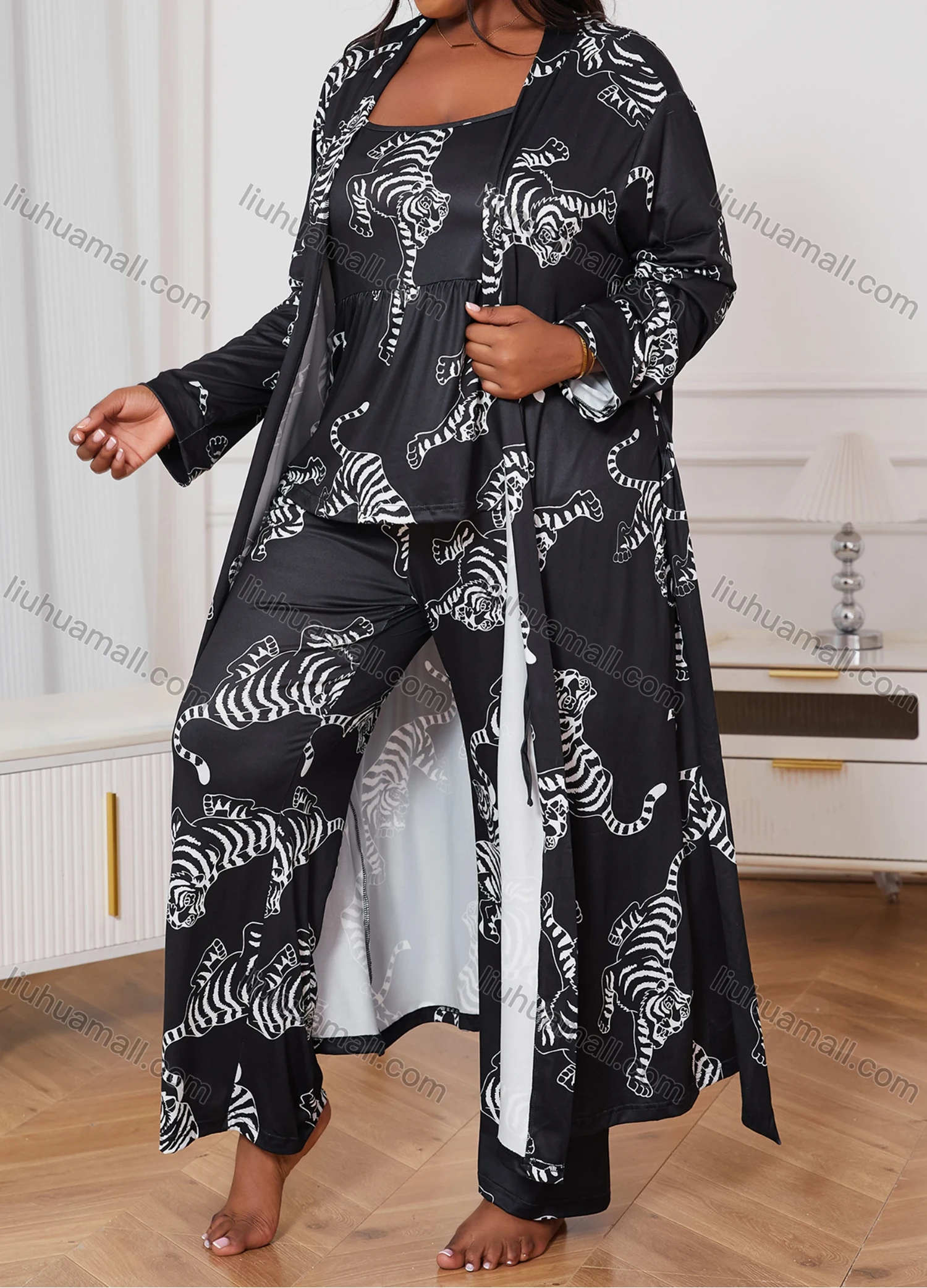 Wholesale Women's Lounge Milk Silk Tiger Print Ruched Cami Top & Pant & Long Sleeve Cardigan 3 Piece Sets With Belt DM31004-01# - Liuhuamall