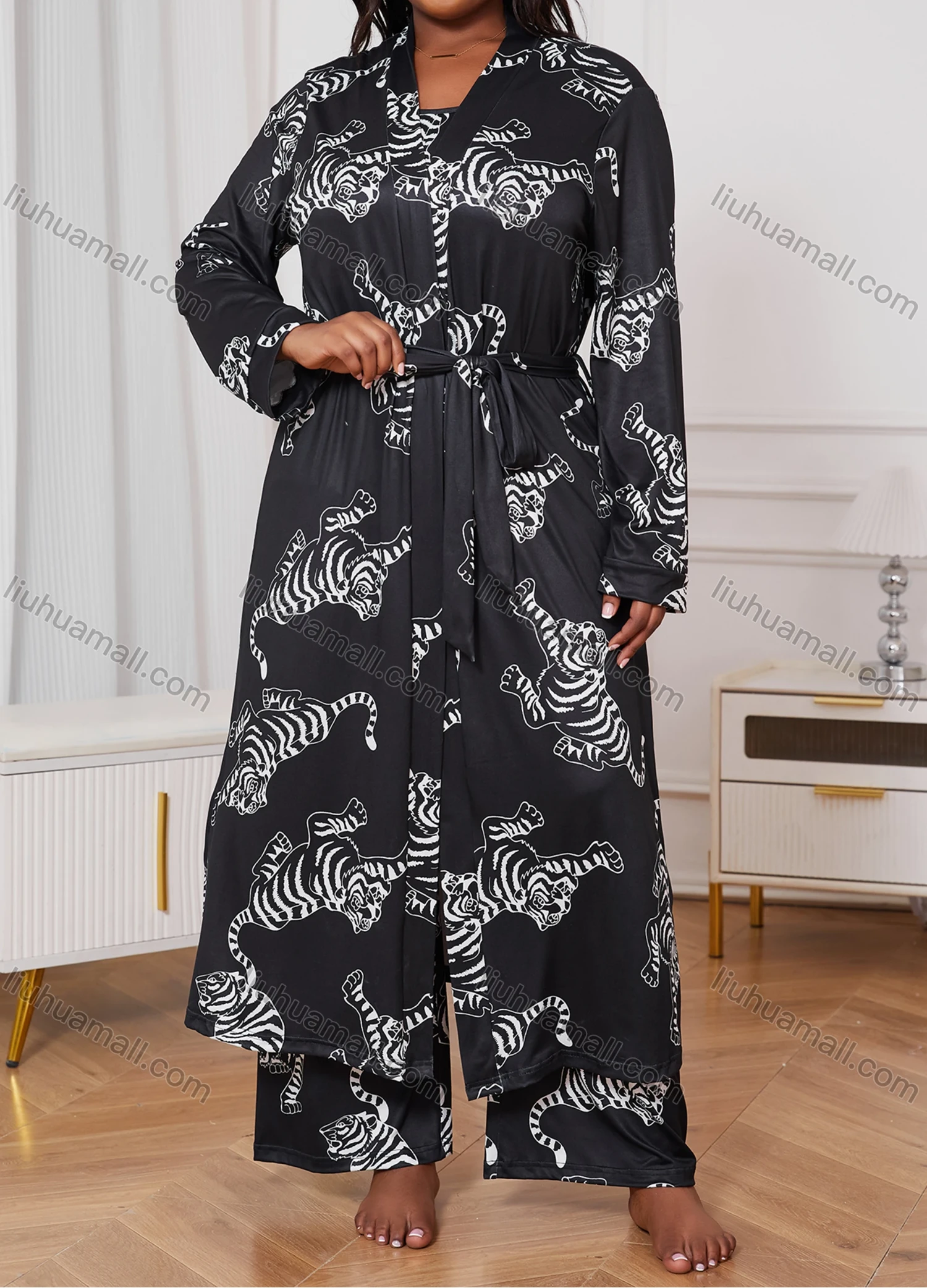 Wholesale Women's Lounge Milk Silk Tiger Print Ruched Cami Top & Pant & Long Sleeve Cardigan 3 Piece Sets With Belt DM31004-01# - Liuhuamall