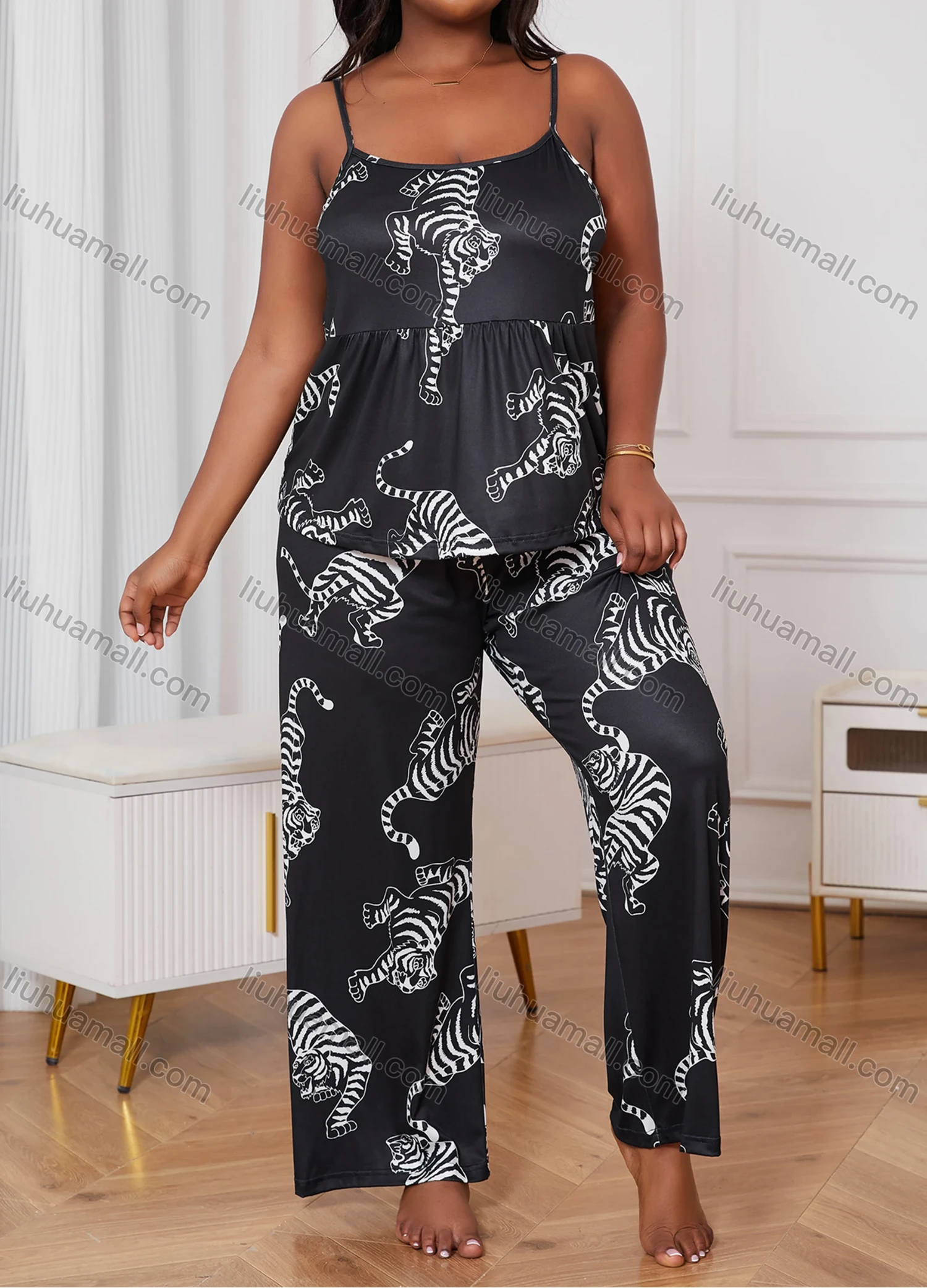 Wholesale Women's Lounge Milk Silk Tiger Print Ruched Cami Top & Pant & Long Sleeve Cardigan 3 Piece Sets With Belt DM31004-01# - Liuhuamall