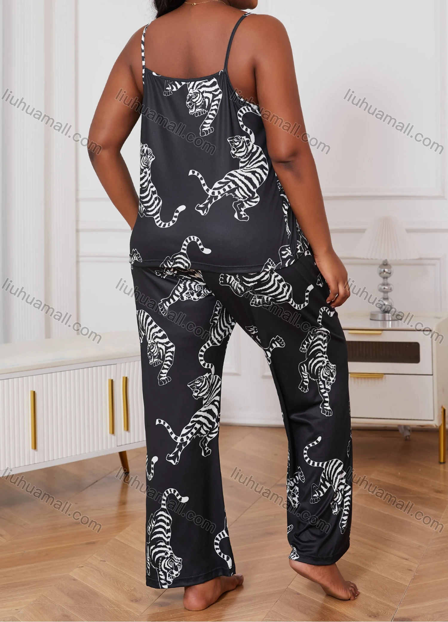 Wholesale Women's Lounge Milk Silk Tiger Print Ruched Cami Top & Pant & Long Sleeve Cardigan 3 Piece Sets With Belt DM31004-01# - Liuhuamall