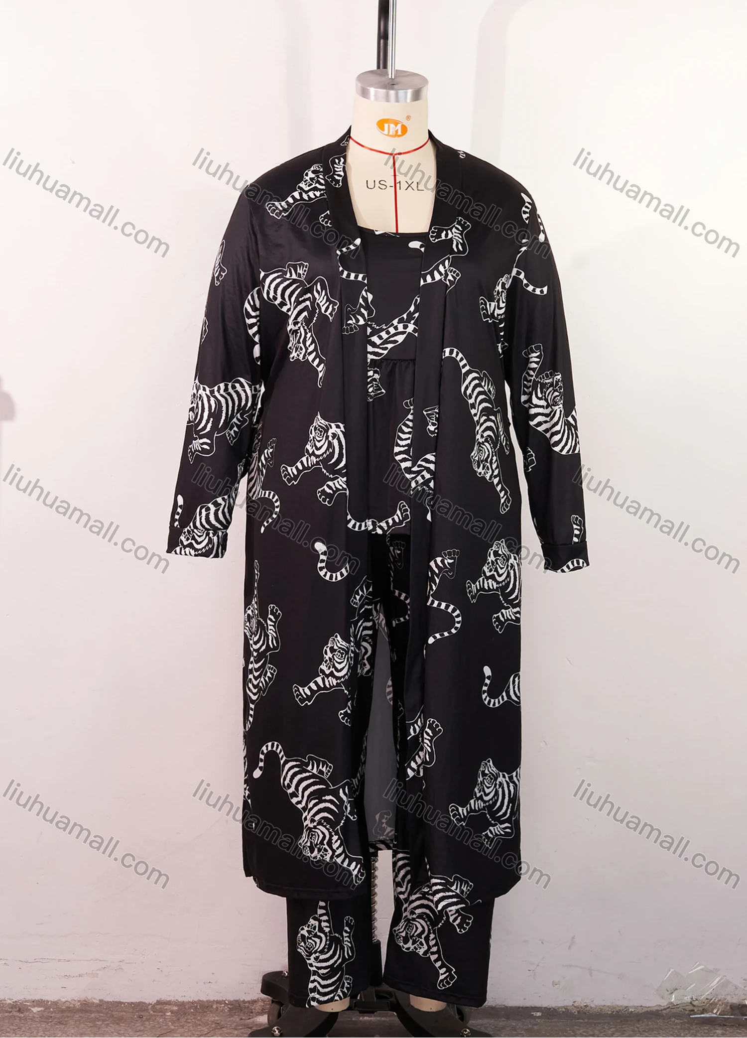 Wholesale Women's Lounge Milk Silk Tiger Print Ruched Cami Top & Pant & Long Sleeve Cardigan 3 Piece Sets With Belt DM31004-01# - Liuhuamall