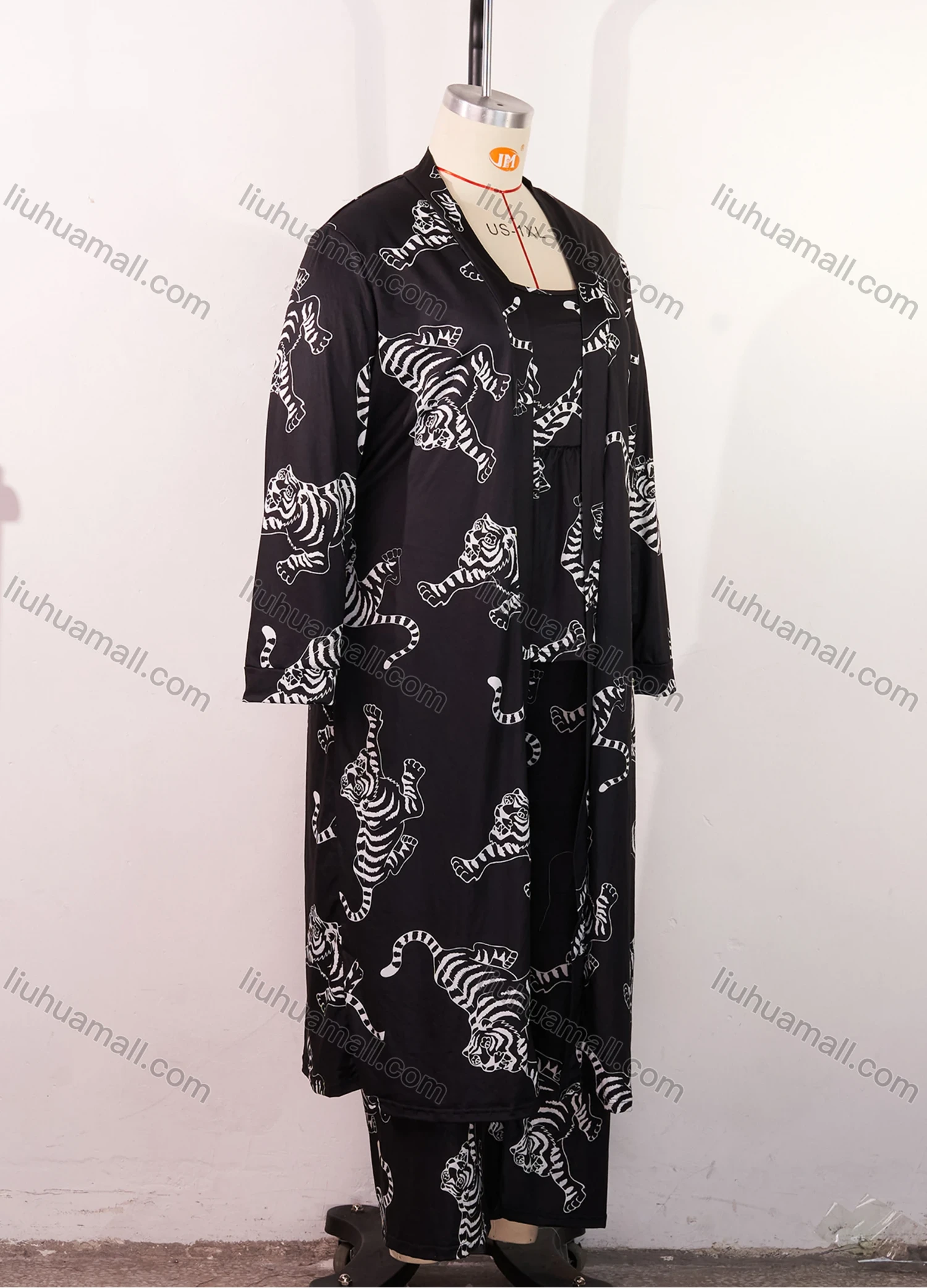 Wholesale Women's Lounge Milk Silk Tiger Print Ruched Cami Top & Pant & Long Sleeve Cardigan 3 Piece Sets With Belt DM31004-01# - Liuhuamall