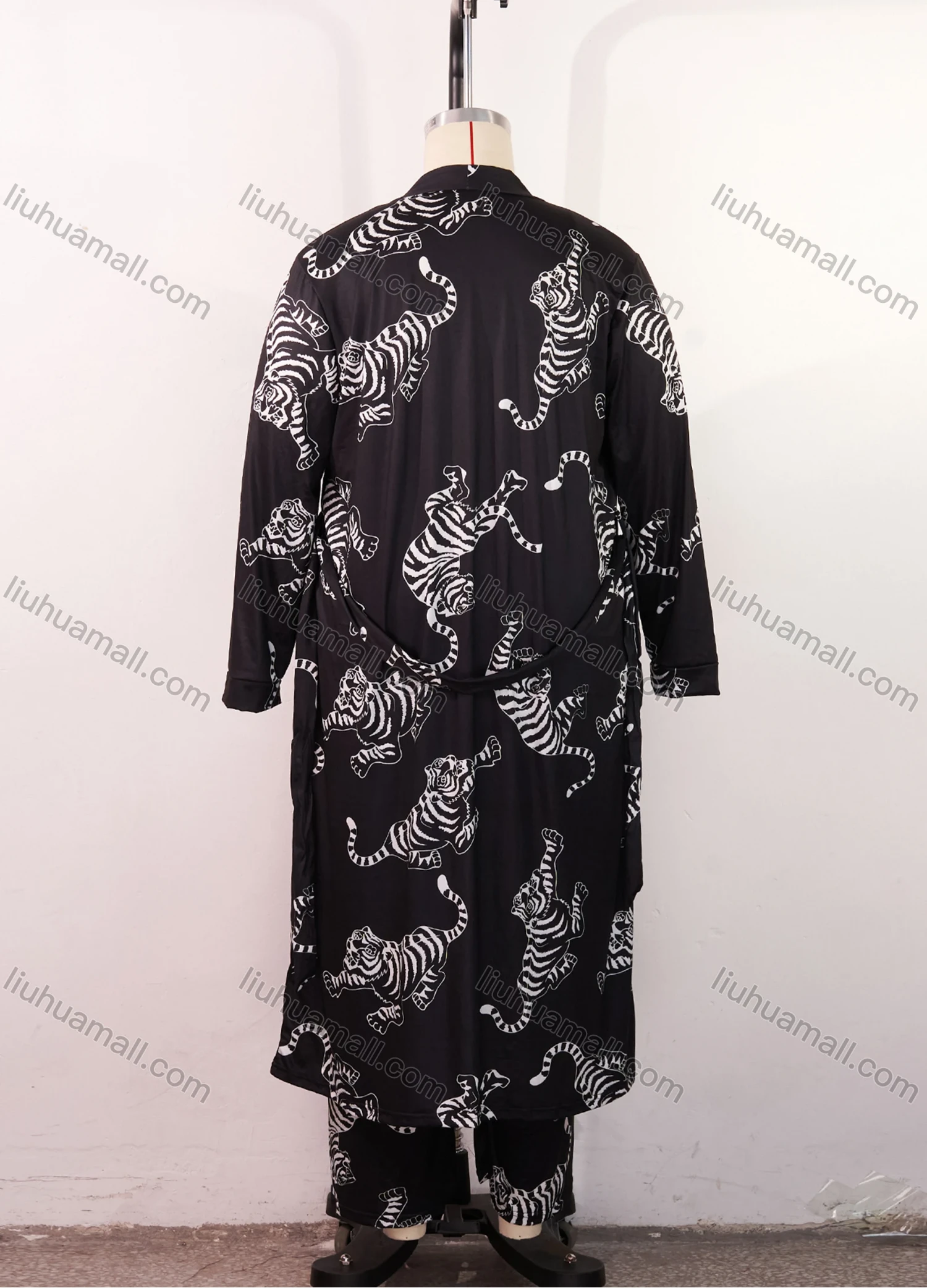 Wholesale Women's Lounge Milk Silk Tiger Print Ruched Cami Top & Pant & Long Sleeve Cardigan 3 Piece Sets With Belt DM31004-01# - Liuhuamall