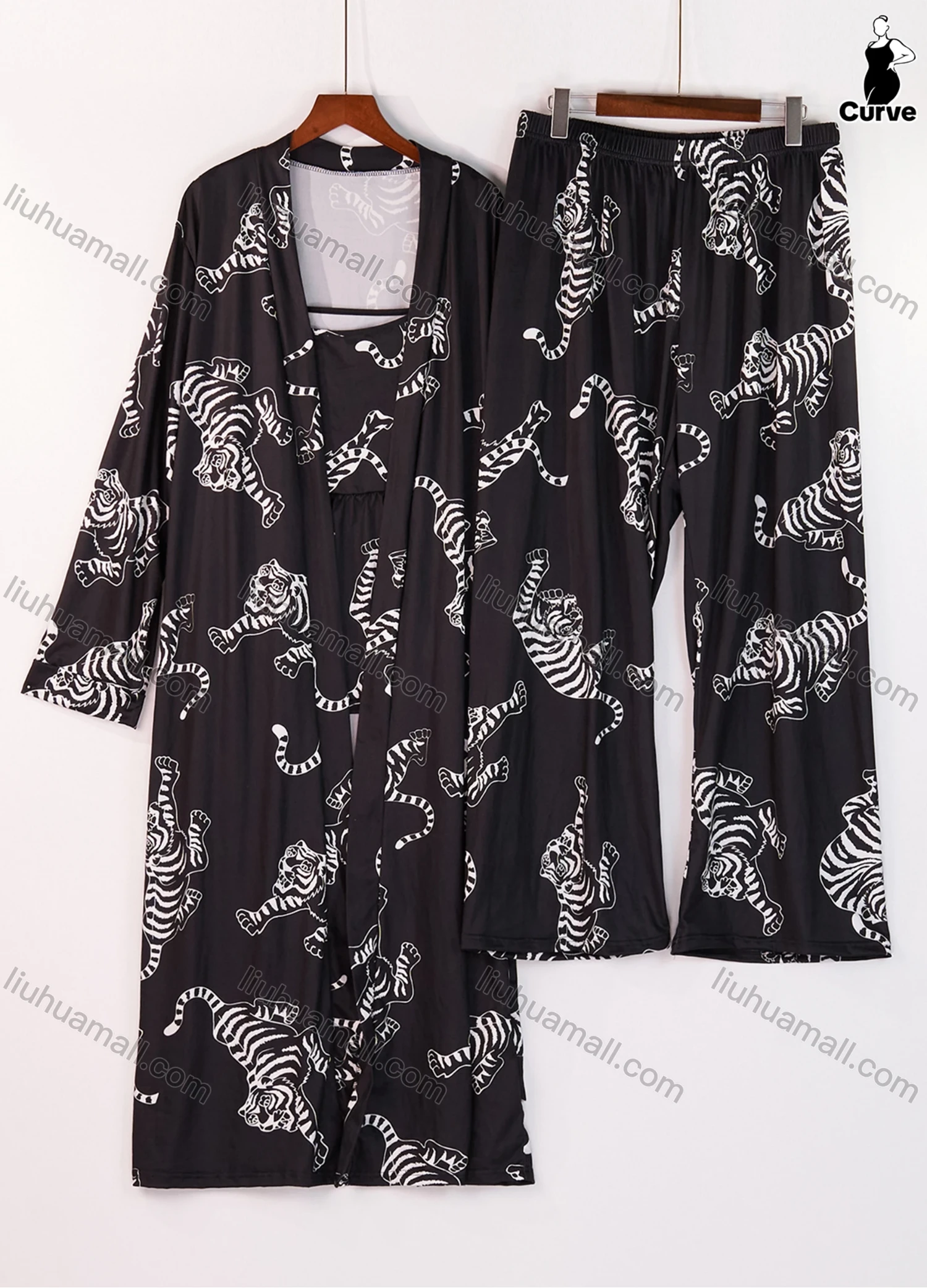 Wholesale Women's Lounge Milk Silk Tiger Print Ruched Cami Top & Pant & Long Sleeve Cardigan 3 Piece Sets With Belt DM31004-01# - Liuhuamall