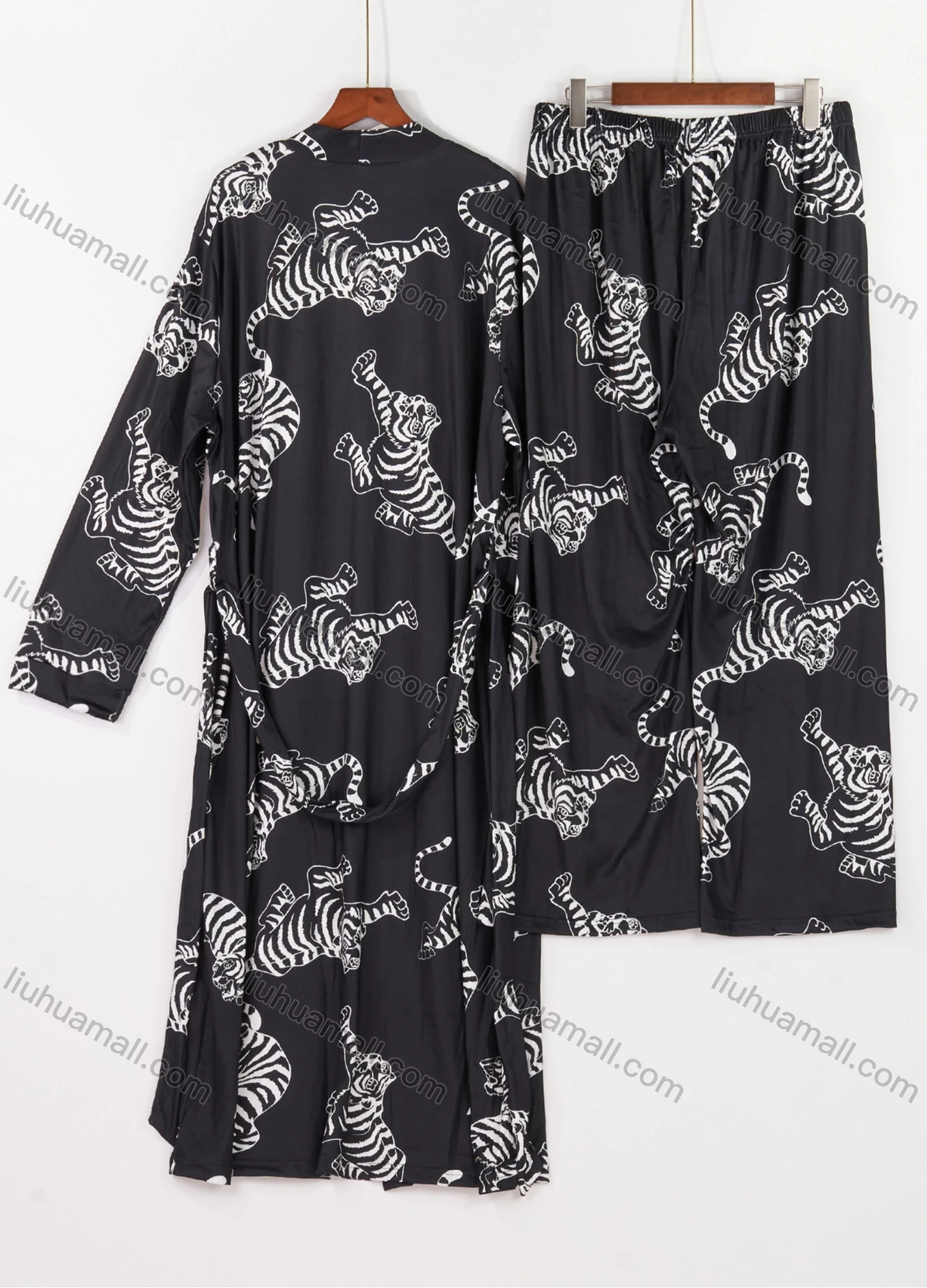 Wholesale Women's Lounge Milk Silk Tiger Print Ruched Cami Top & Pant & Long Sleeve Cardigan 3 Piece Sets With Belt DM31004-01# - Liuhuamall