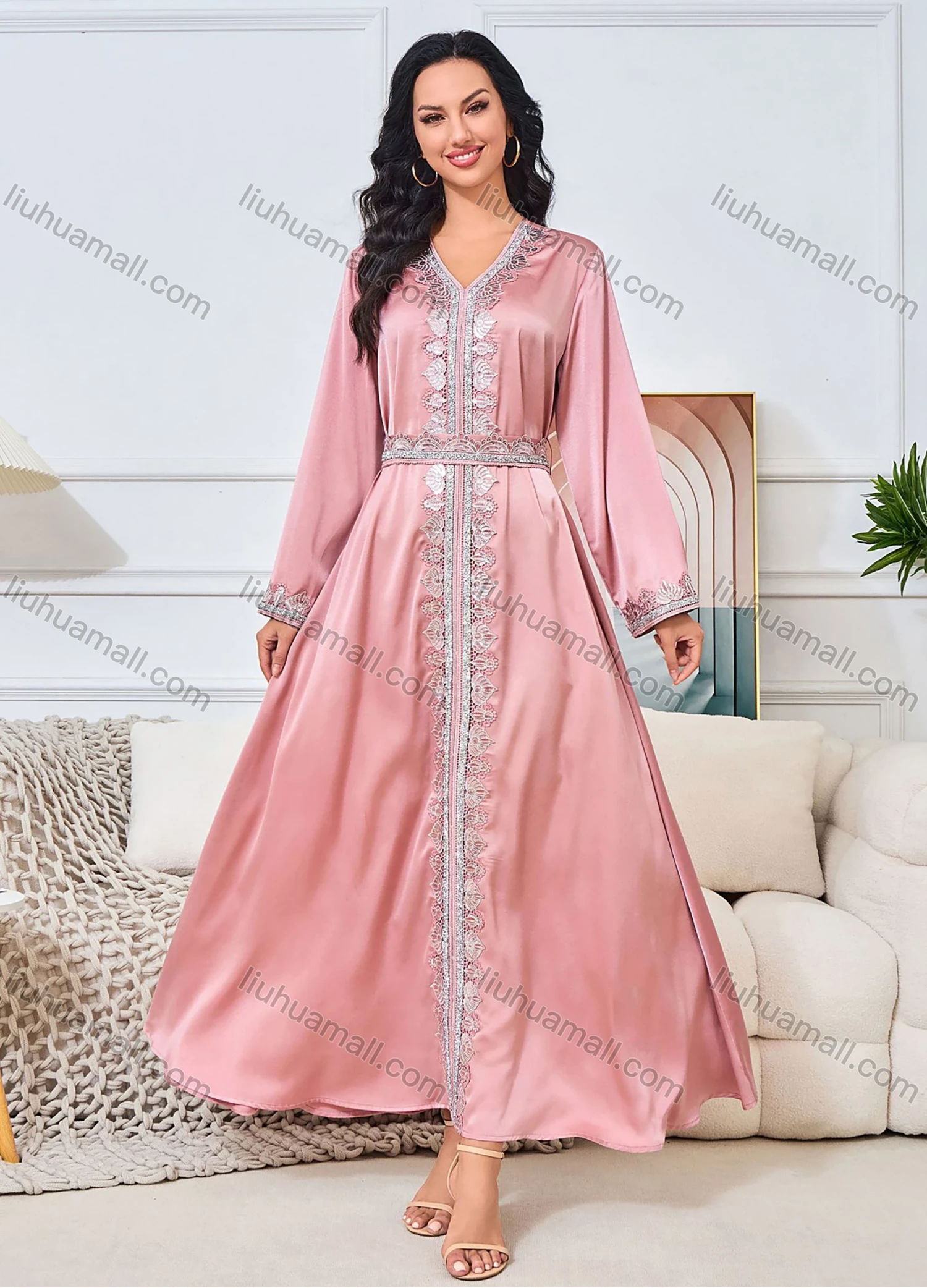 Wholesale Women's Elegant V Neck Plain Long Sleeve Rhinestone Guipure Lace Abaya Dress With Belt - Liuhuamall