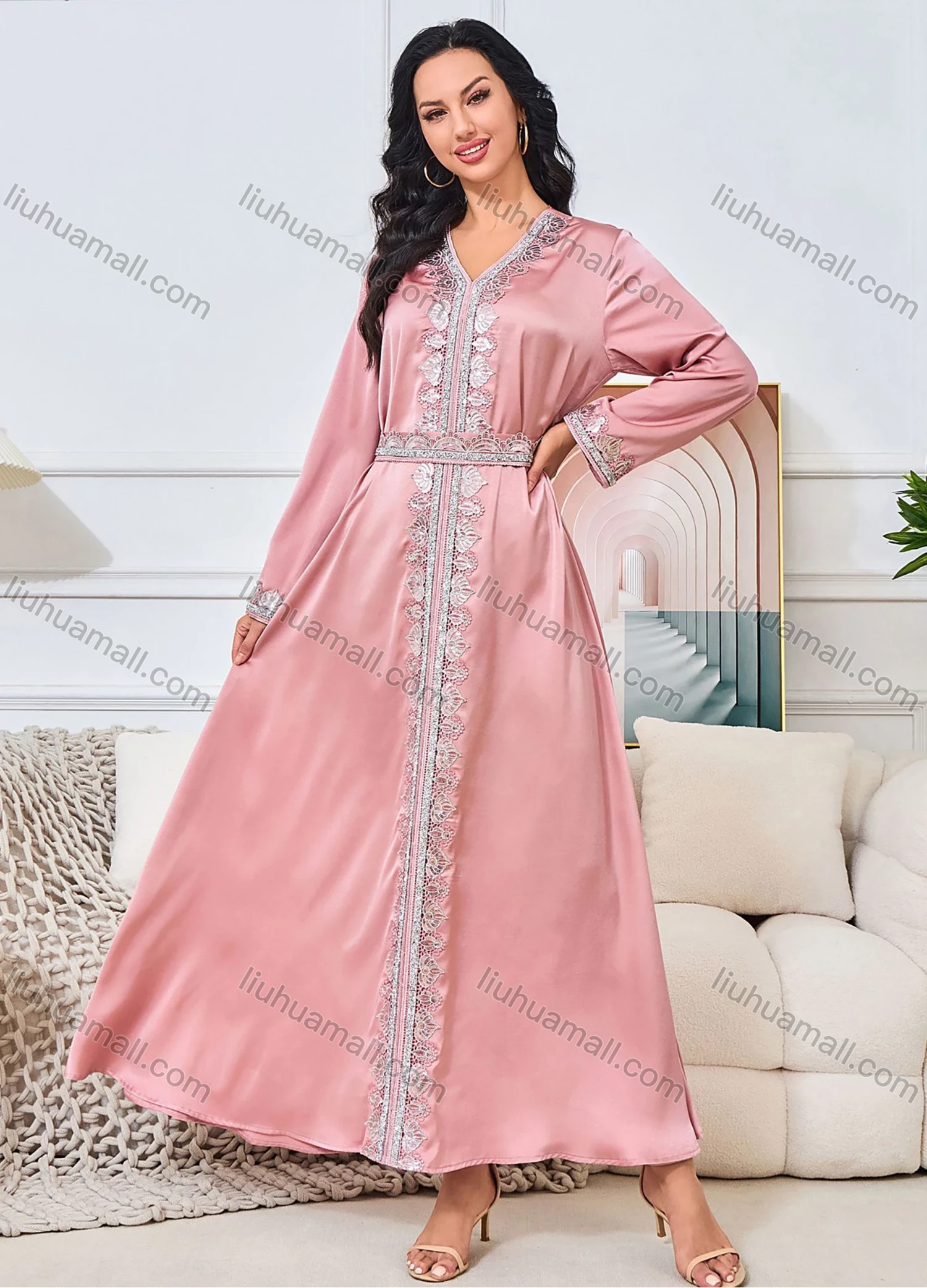 Wholesale Women's Elegant V Neck Plain Long Sleeve Rhinestone Guipure Lace Abaya Dress With Belt - Liuhuamall