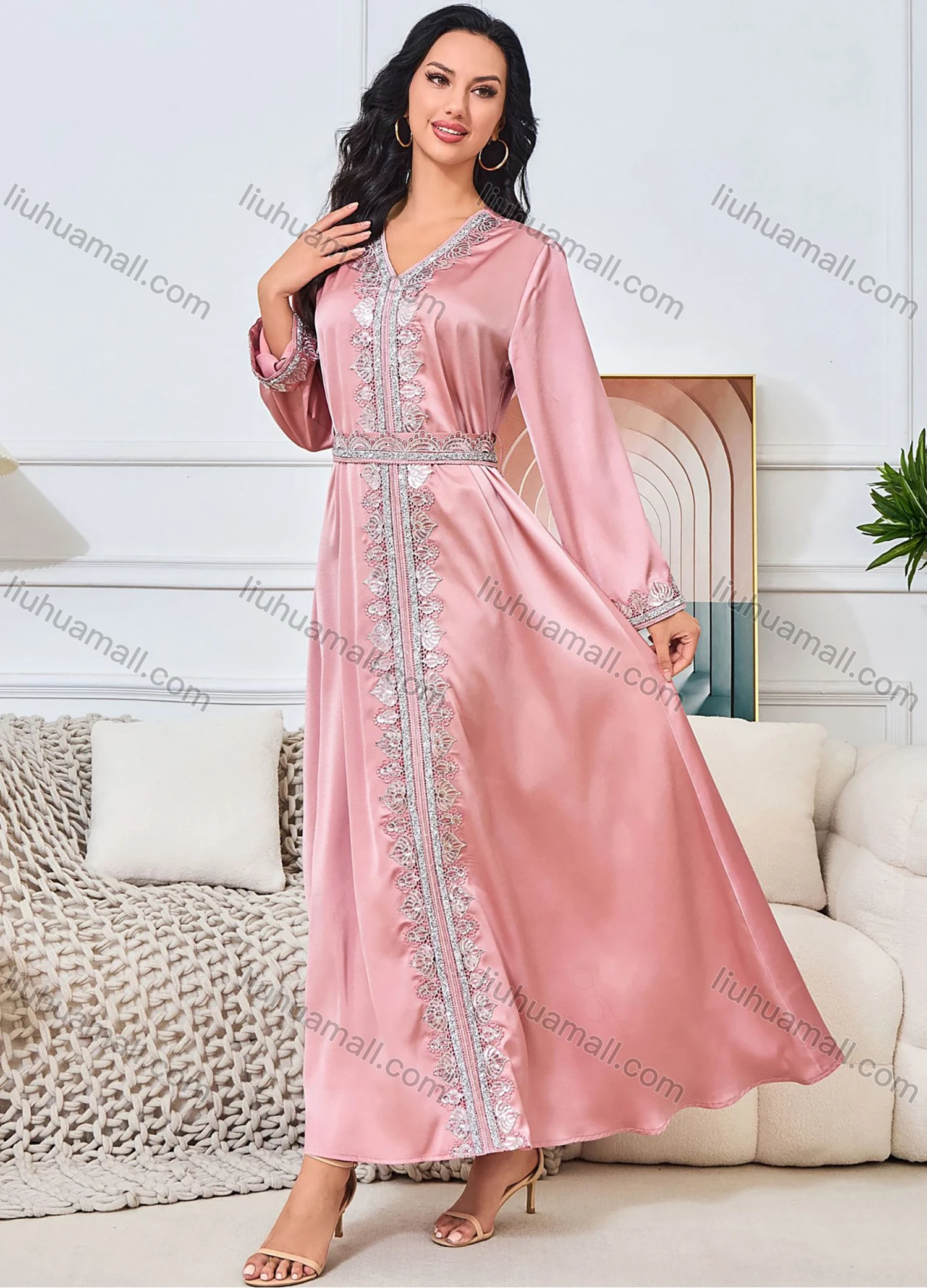 Wholesale Women's Elegant V Neck Plain Long Sleeve Rhinestone Guipure Lace Abaya Dress With Belt - Liuhuamall