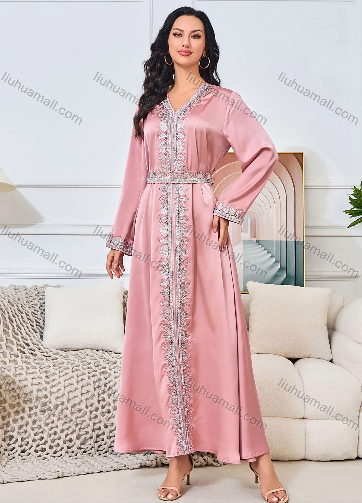 Wholesale Women's Elegant V Neck Plain Long Sleeve Rhinestone Guipure Lace Abaya Dress With Belt - Liuhuamall