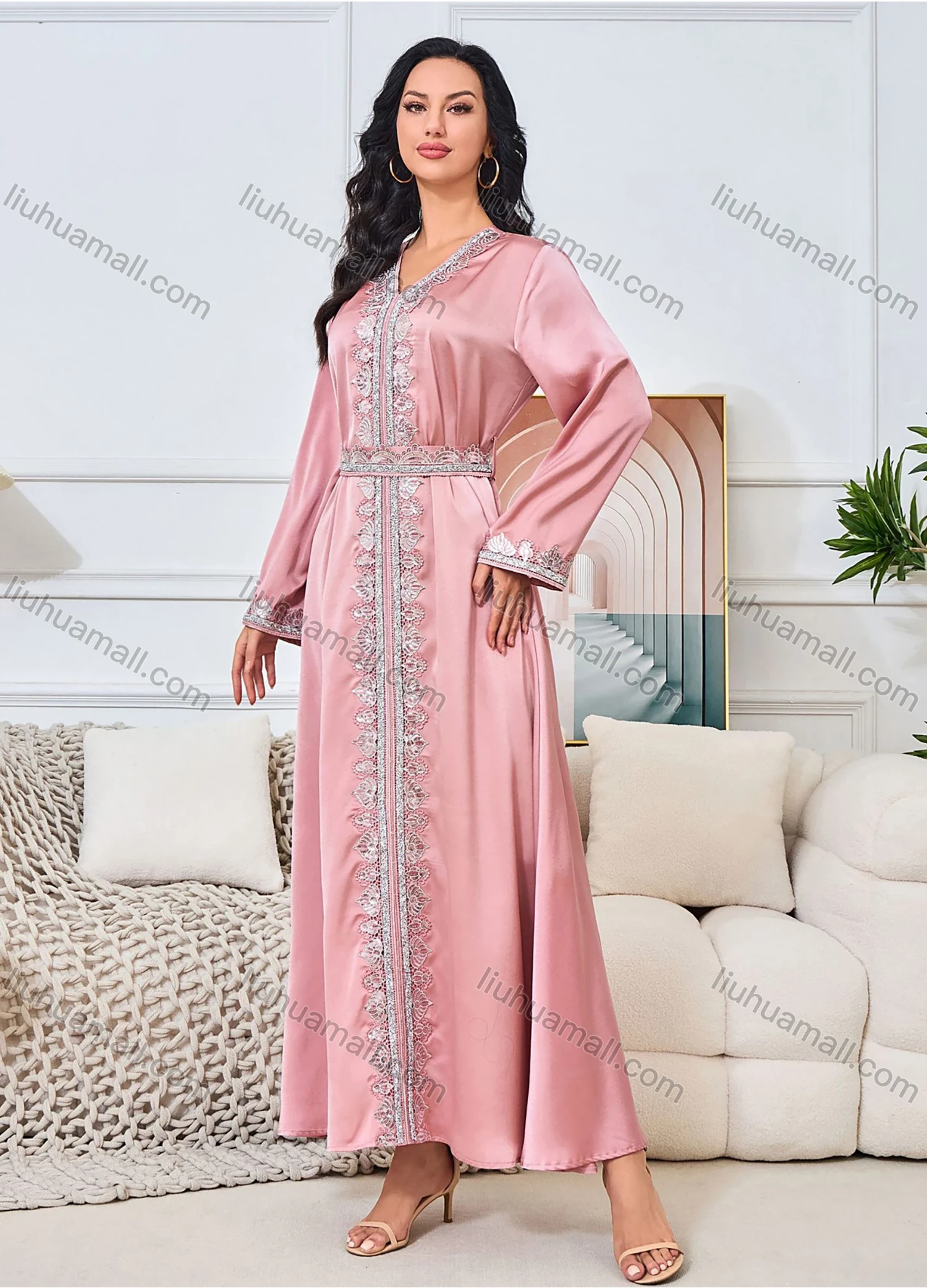Wholesale Women's Elegant V Neck Plain Long Sleeve Rhinestone Guipure Lace Abaya Dress With Belt - Liuhuamall