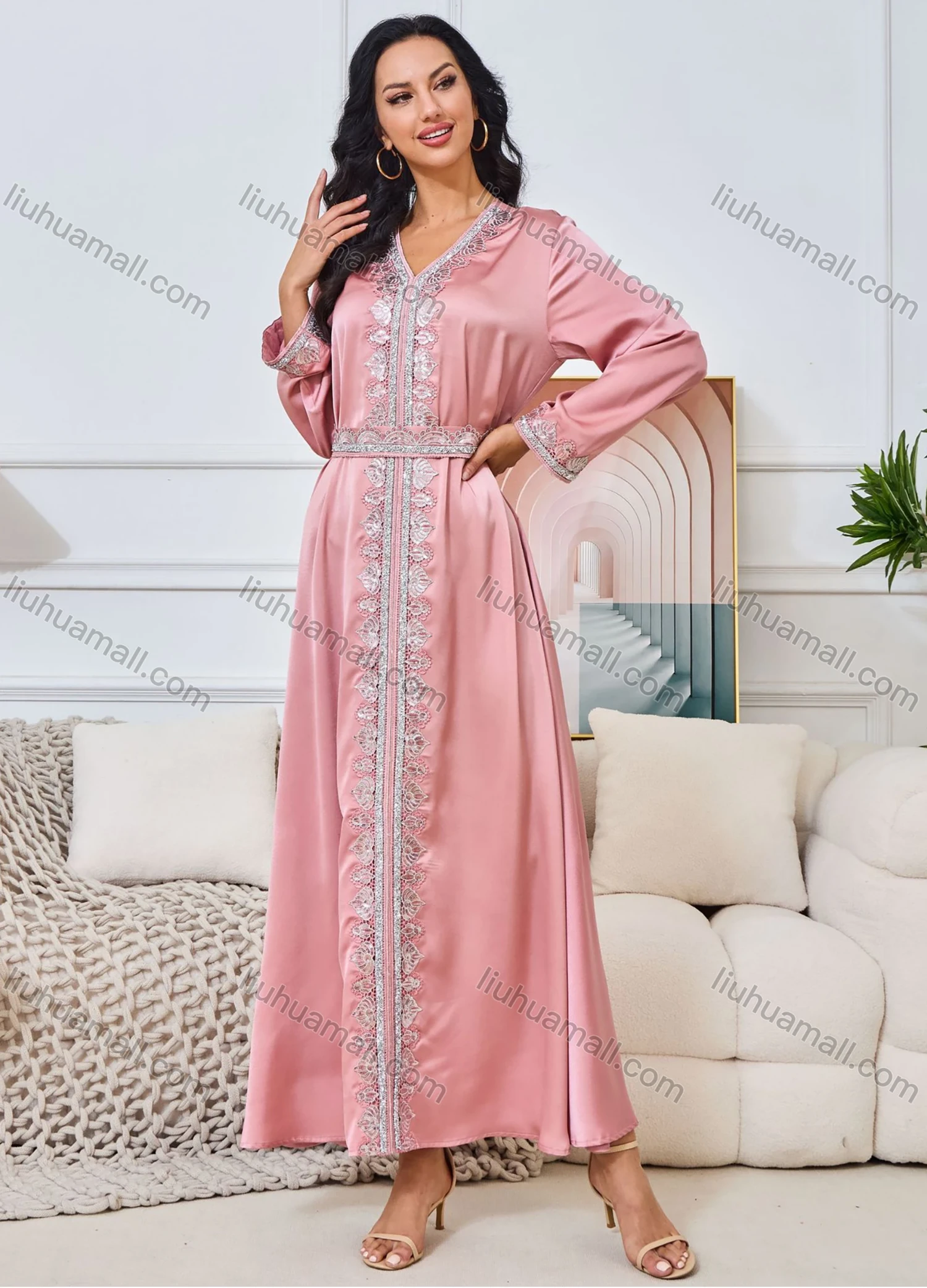 Wholesale Women's Elegant V Neck Plain Long Sleeve Rhinestone Guipure Lace Abaya Dress With Belt - Liuhuamall