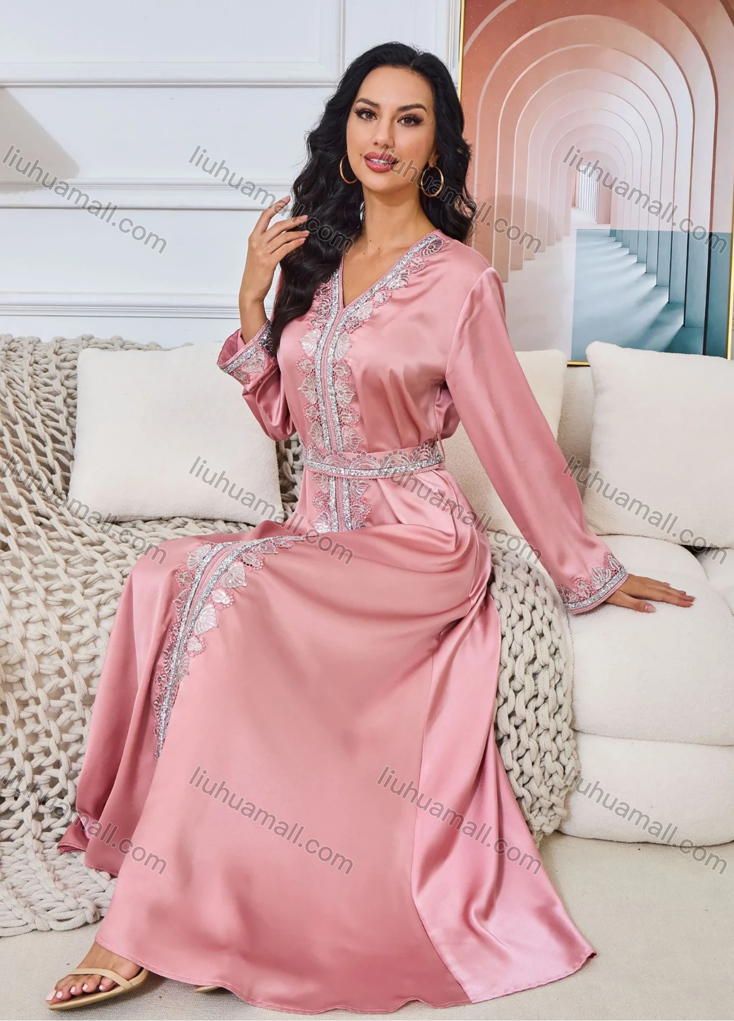 Wholesale Women's Elegant V Neck Plain Long Sleeve Rhinestone Guipure Lace Abaya Dress With Belt - Liuhuamall