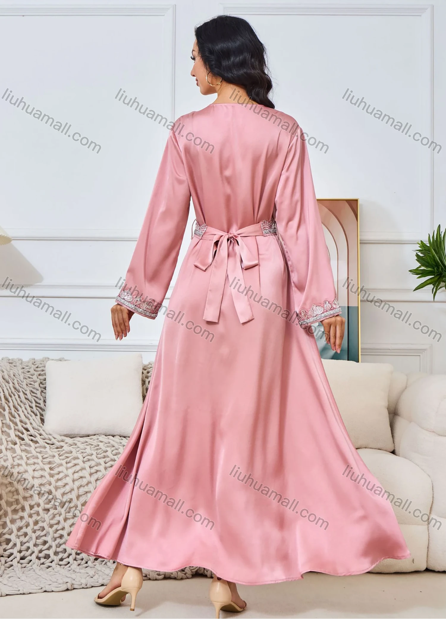 Wholesale Women's Elegant V Neck Plain Long Sleeve Rhinestone Guipure Lace Abaya Dress With Belt - Liuhuamall