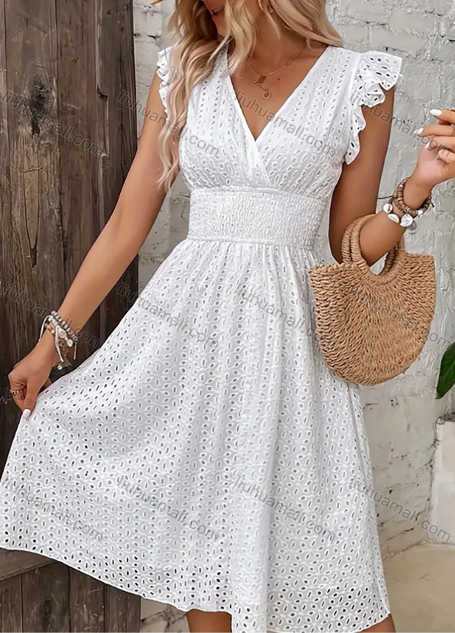 Wholesale Women's Elegant Plain Wrap V Neck Shirred Ruffle Trim Hollow Out Dress - Liuhuamall