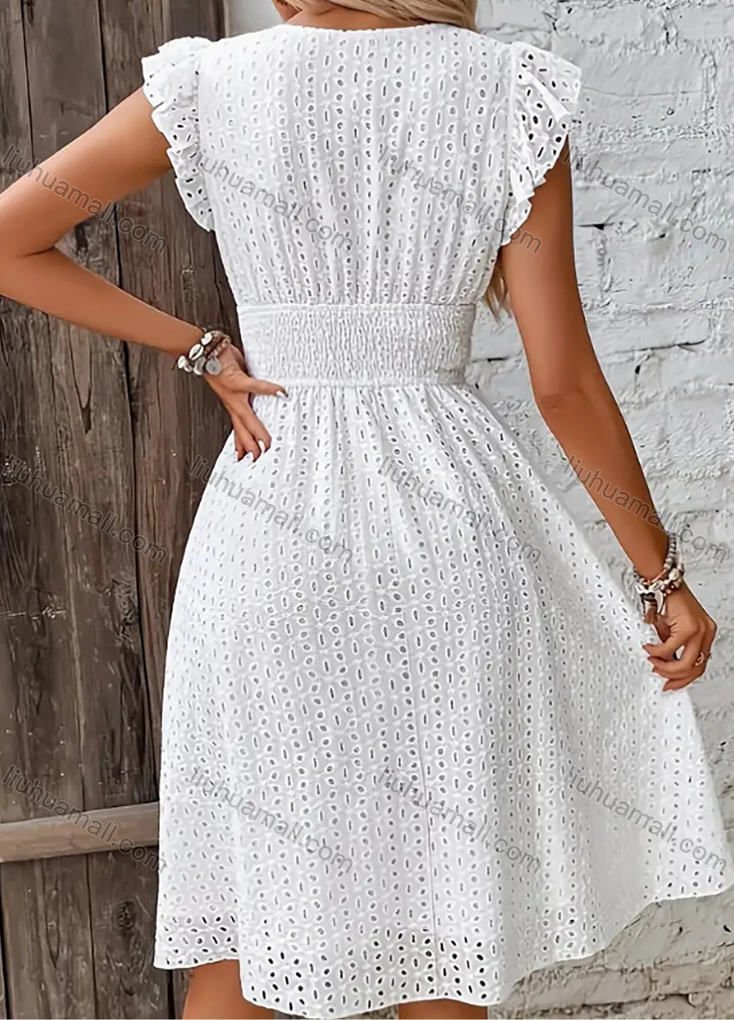 Wholesale Women's Elegant Plain Wrap V Neck Shirred Ruffle Trim Hollow Out Dress - Liuhuamall