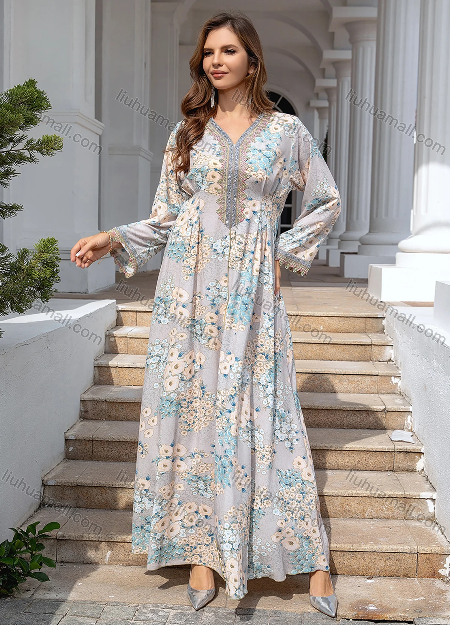 Wholesale Women's Elegant V Neck Floral Print Long Sleeve Pleated Abaya Dress - Liuhuamall