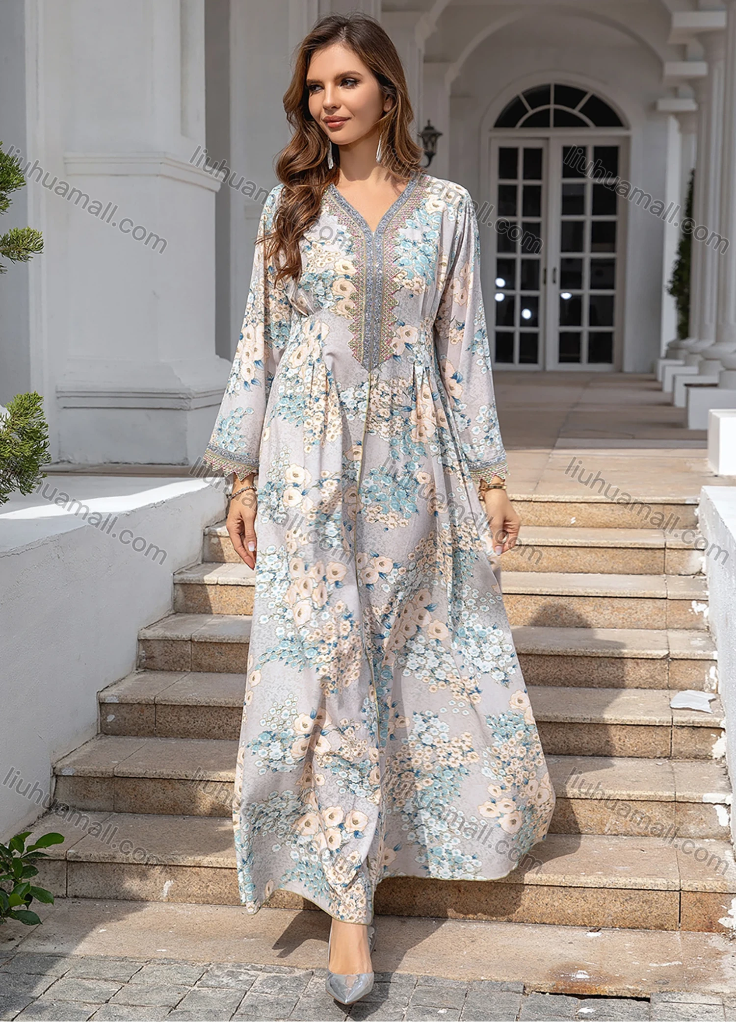 Wholesale Women's Elegant V Neck Floral Print Long Sleeve Pleated Abaya Dress - Liuhuamall