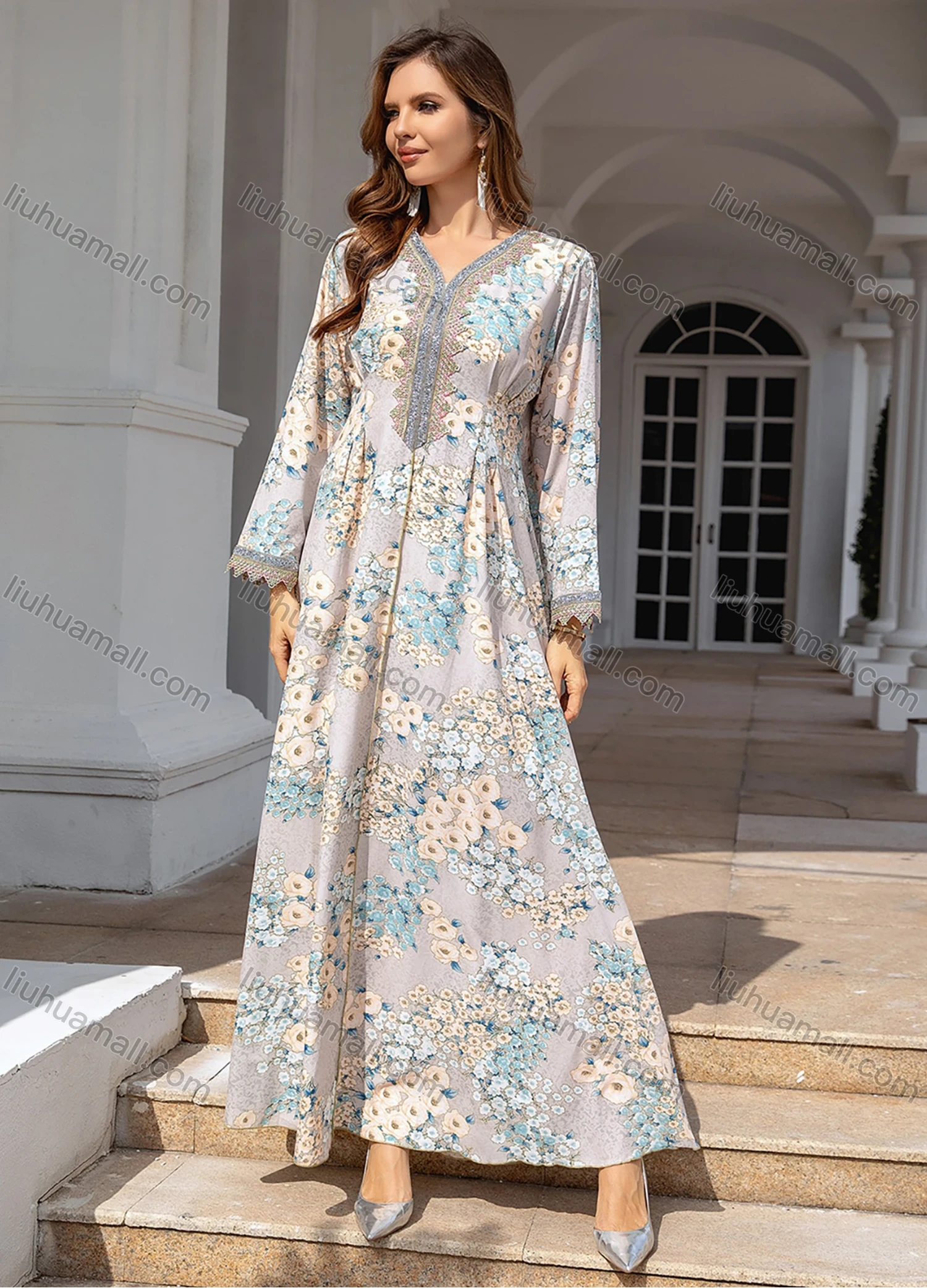 Wholesale Women's Elegant V Neck Floral Print Long Sleeve Pleated Abaya Dress - Liuhuamall