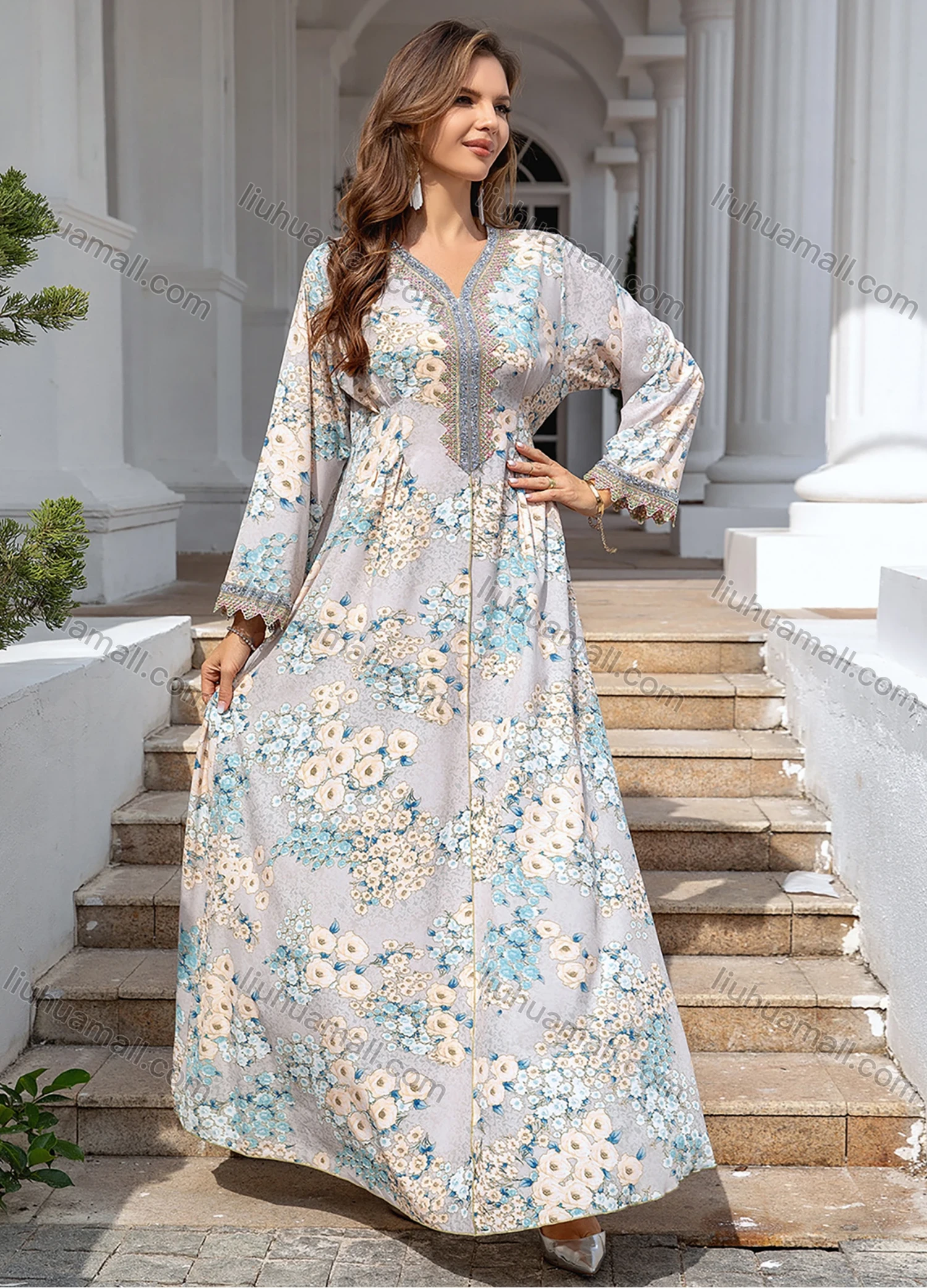 Wholesale Women's Elegant V Neck Floral Print Long Sleeve Pleated Abaya Dress - Liuhuamall