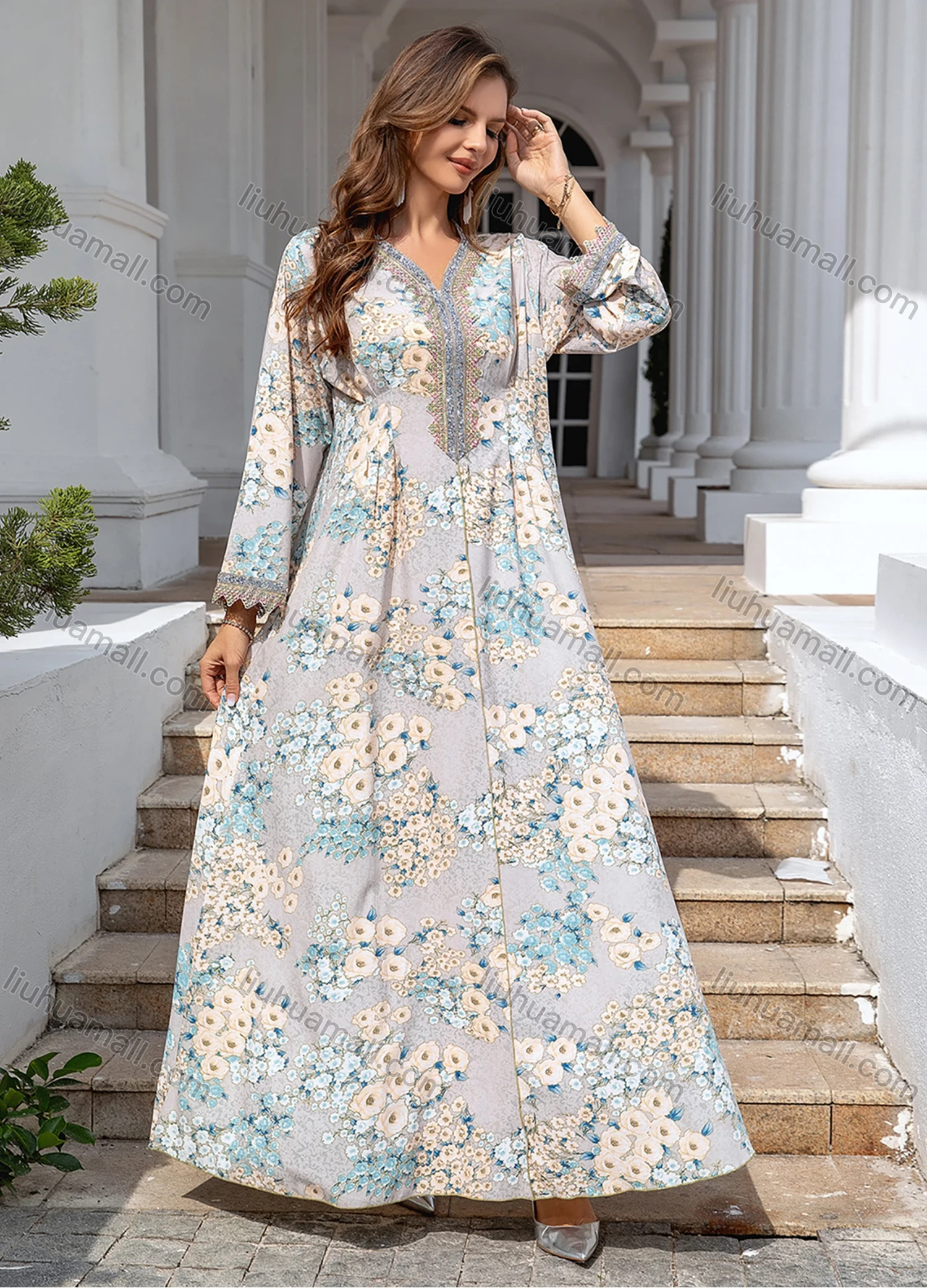 Wholesale Women's Elegant V Neck Floral Print Long Sleeve Pleated Abaya Dress - Liuhuamall