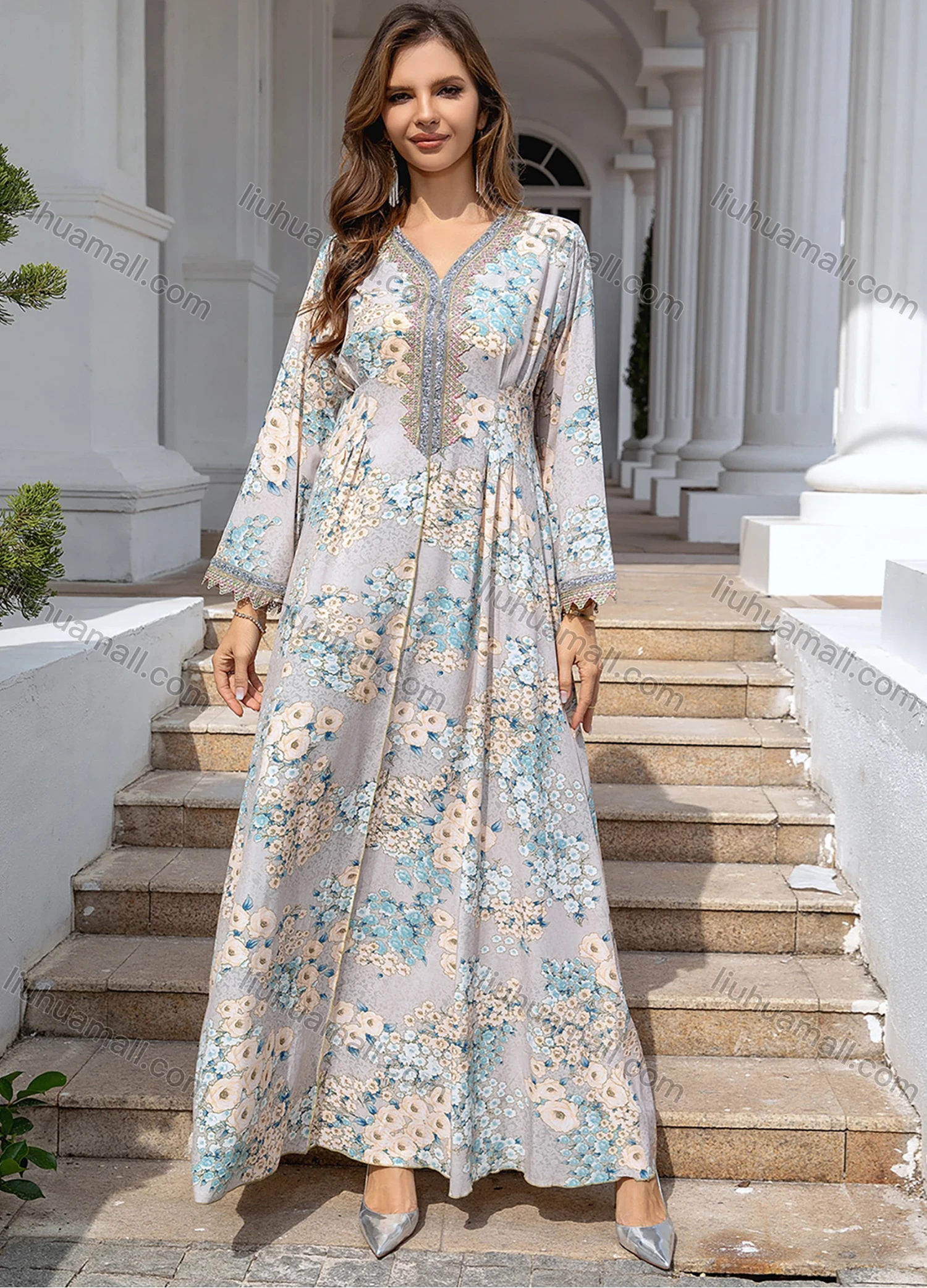 Wholesale Women's Elegant V Neck Floral Print Long Sleeve Pleated Abaya Dress - Liuhuamall