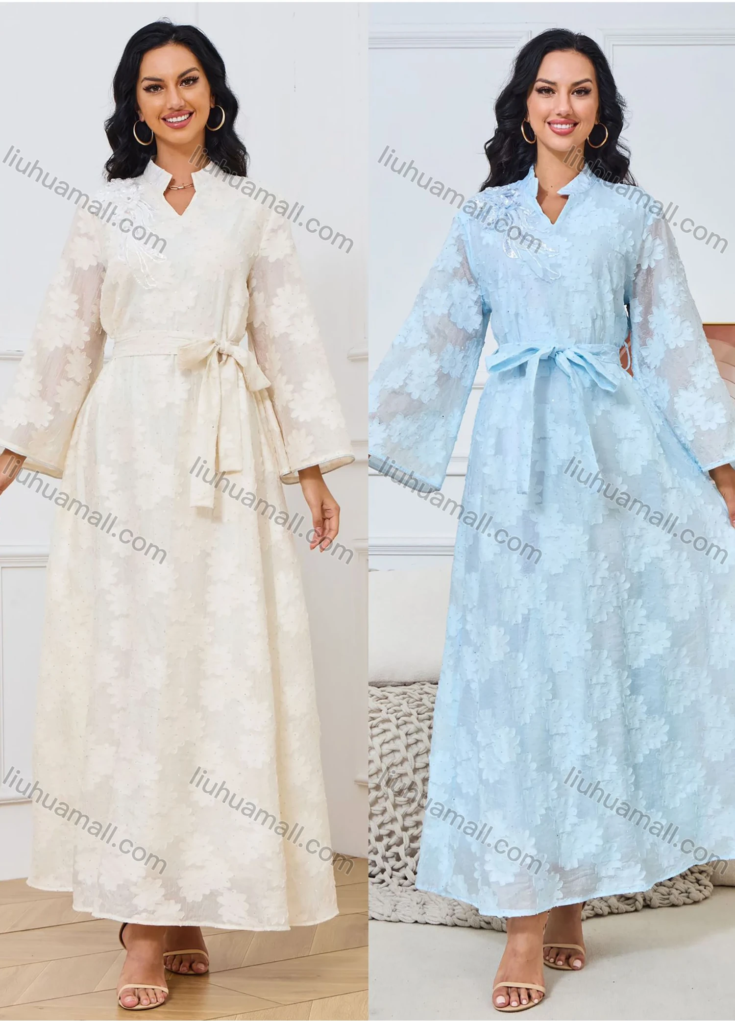 Wholesale Women's Elegant Plain Jacquard Notched Neck Long Sleeve Sequin Rhinestone Abaya Dress With Belt - Liuhuamall