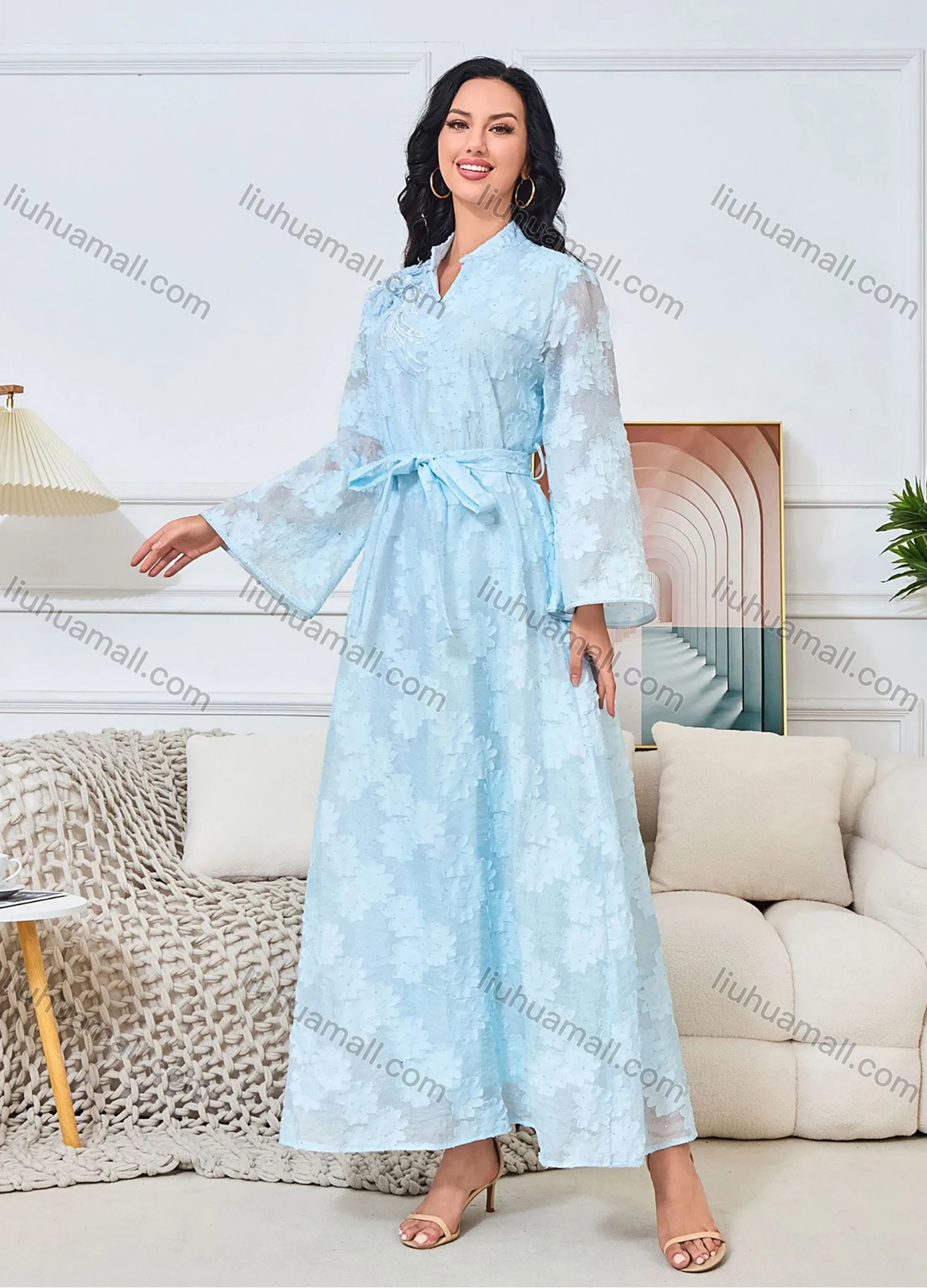 Wholesale Women's Elegant Plain Jacquard Notched Neck Long Sleeve Sequin Rhinestone Abaya Dress With Belt - Liuhuamall