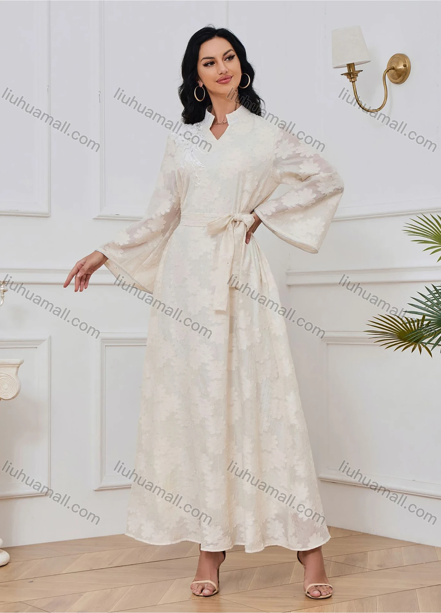 Wholesale Women's Elegant Plain Jacquard Notched Neck Long Sleeve Sequin Rhinestone Abaya Dress With Belt - Liuhuamall